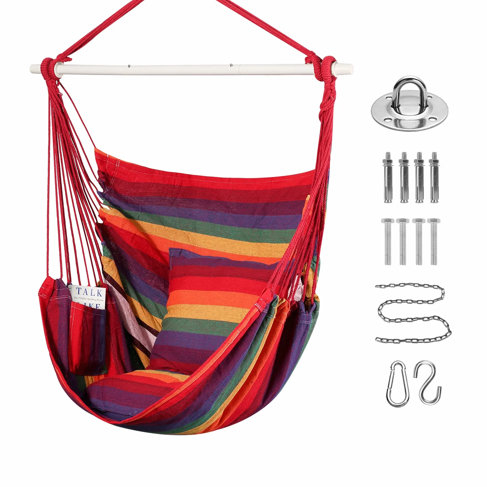 Goutime Poltrona Altalena Sospesa, Sedia a Dondolo in Cotone Morbido con 2 Cuscini e Borsa di Conservazione, Max Portata 150kg, Ideale per Camera da Letto, Patio, Giardino e Balcone (Arcobaleno)