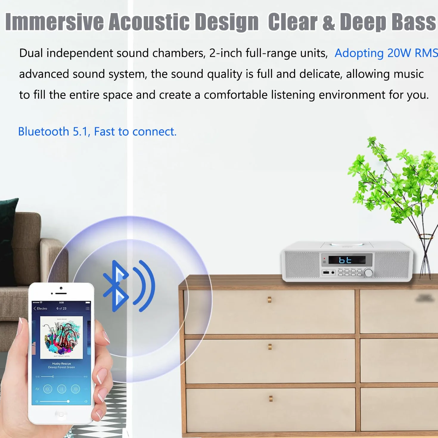 Radio Compatta con Lettore CD, Sistema Audio 20 W RMS, Bluetooth, USB, MP3, AUX, Sveglia Digitale