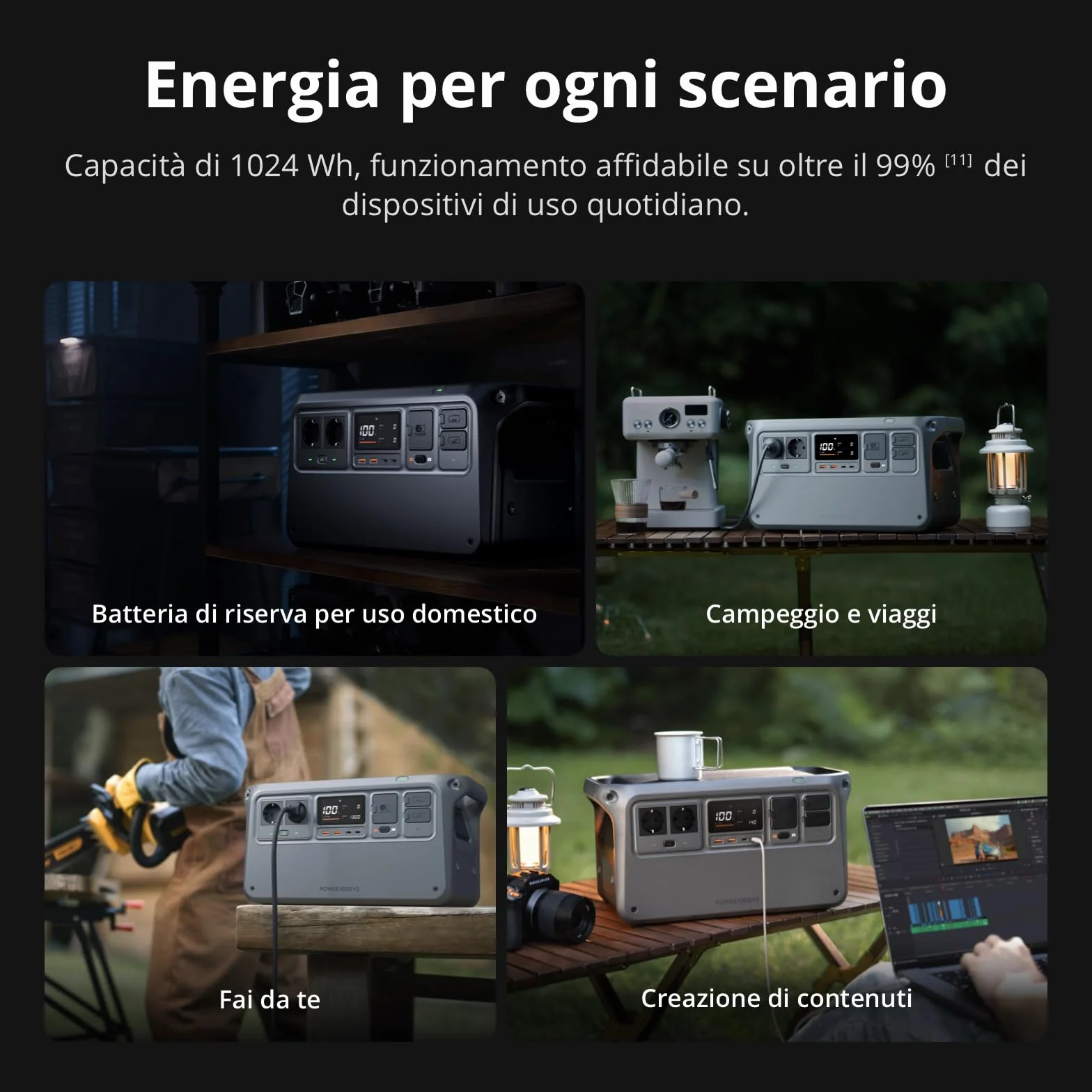 DJI Power 1000 V2 generatore di corrente portatile, centrale elettrica portatile, batteria LFP da 1024 Wh, uscita stabile da 2600 W, ricarica 0-80% in 37 min,power station per casa, camper off-grid