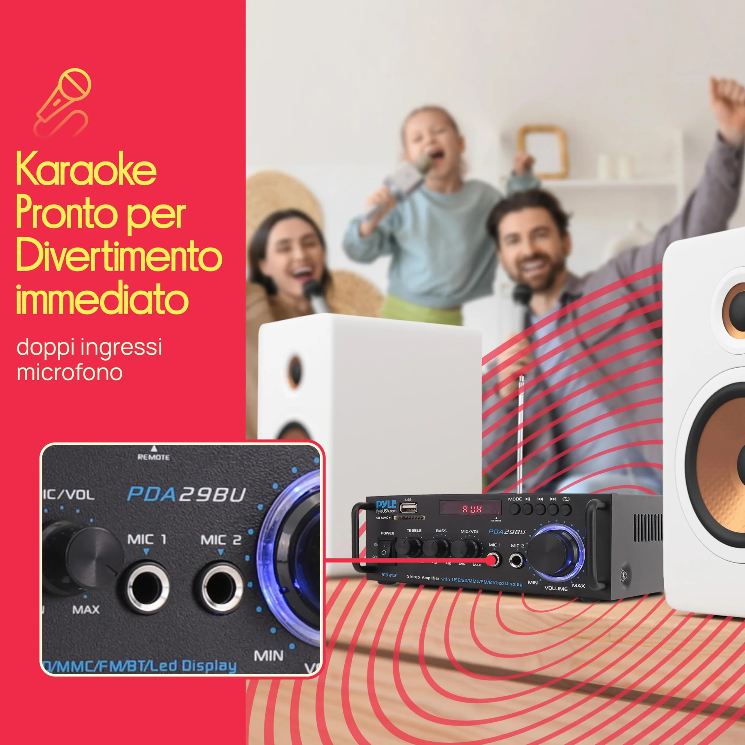 Pyle Preamplificatore Phono, Amplificatore Audio Stereo Wireless Bluetooth 200 Watt, Doppio Canale, RCA, USB, SD, Microfono, Radio FM