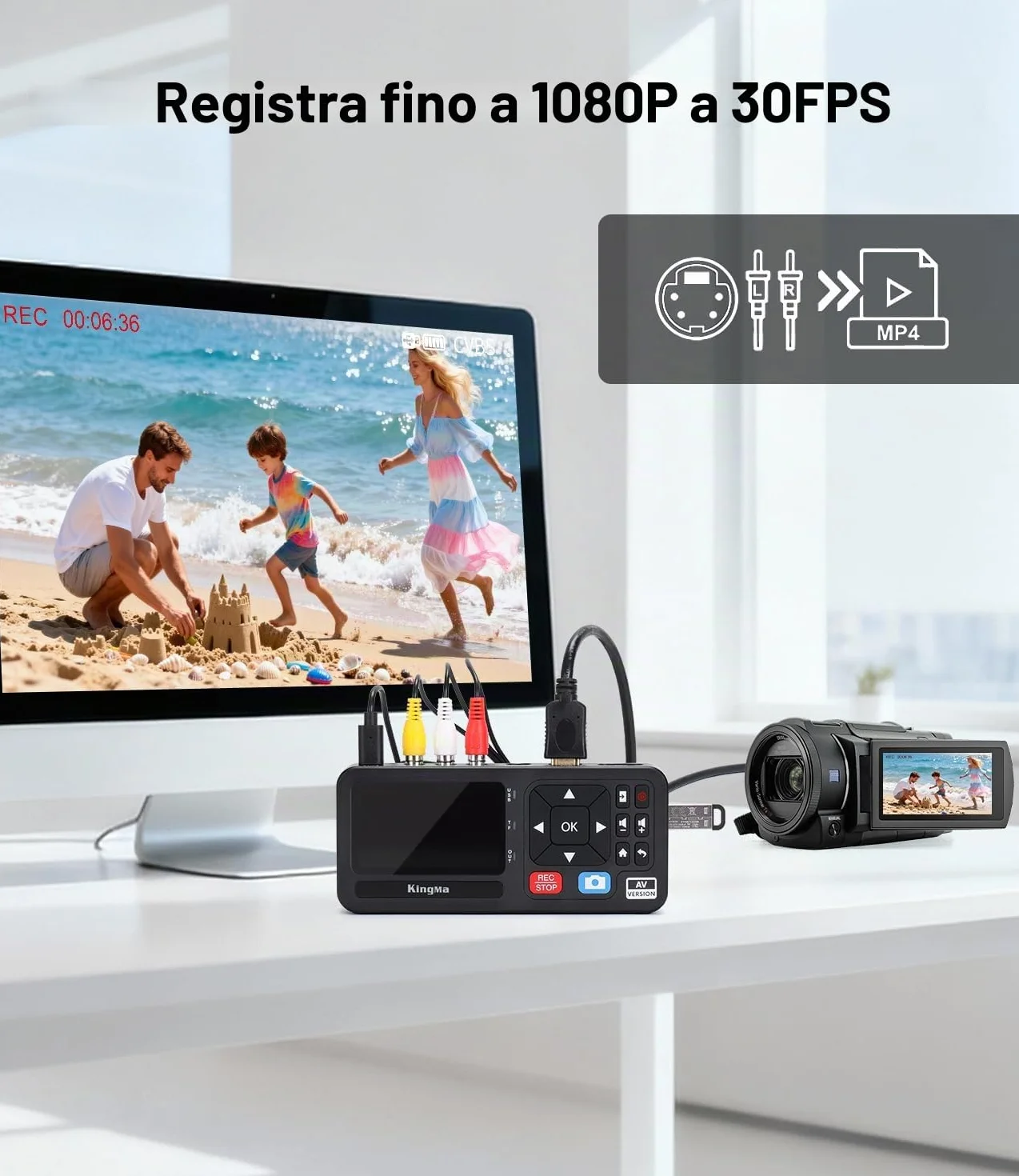 King Ma Digitalizzatore video 3" 1080P 30FPS VHS RCA VCR DVD Hi8 videocamere giochi TF SD USB