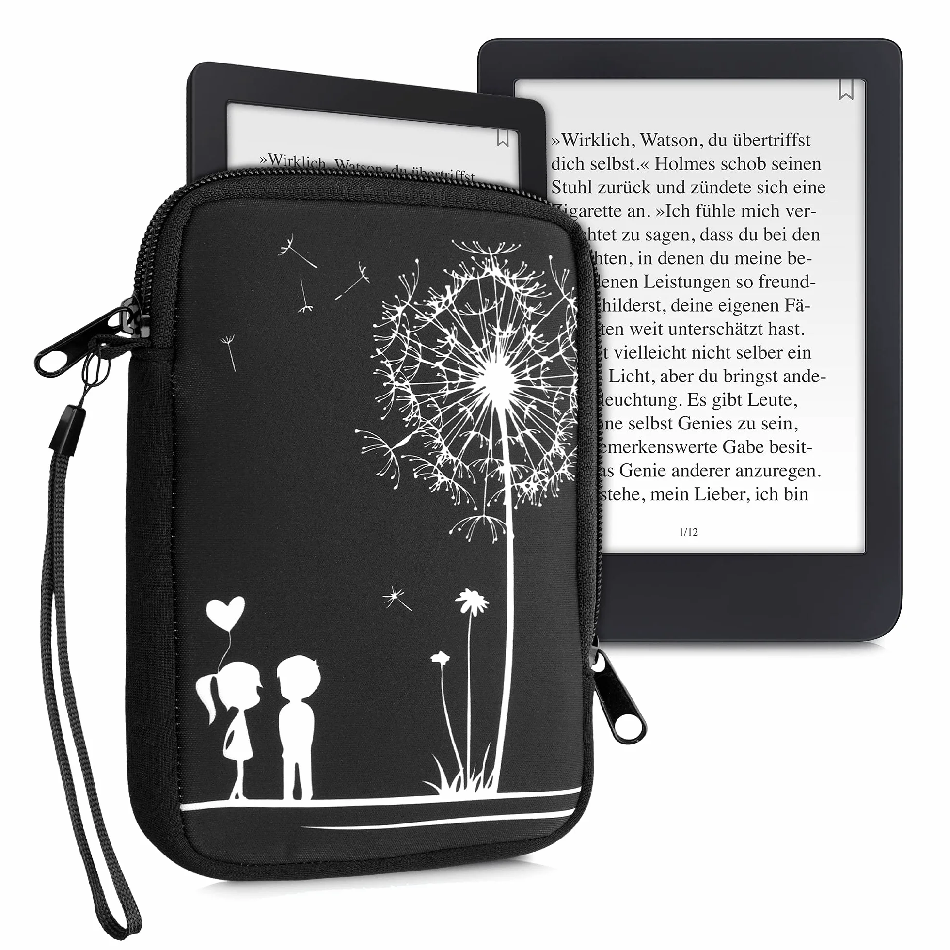 kwmobile Custodia Universale per eReader in Neoprene bianco/nero con Chiusura a Zip 17 x 12 x 2 cm