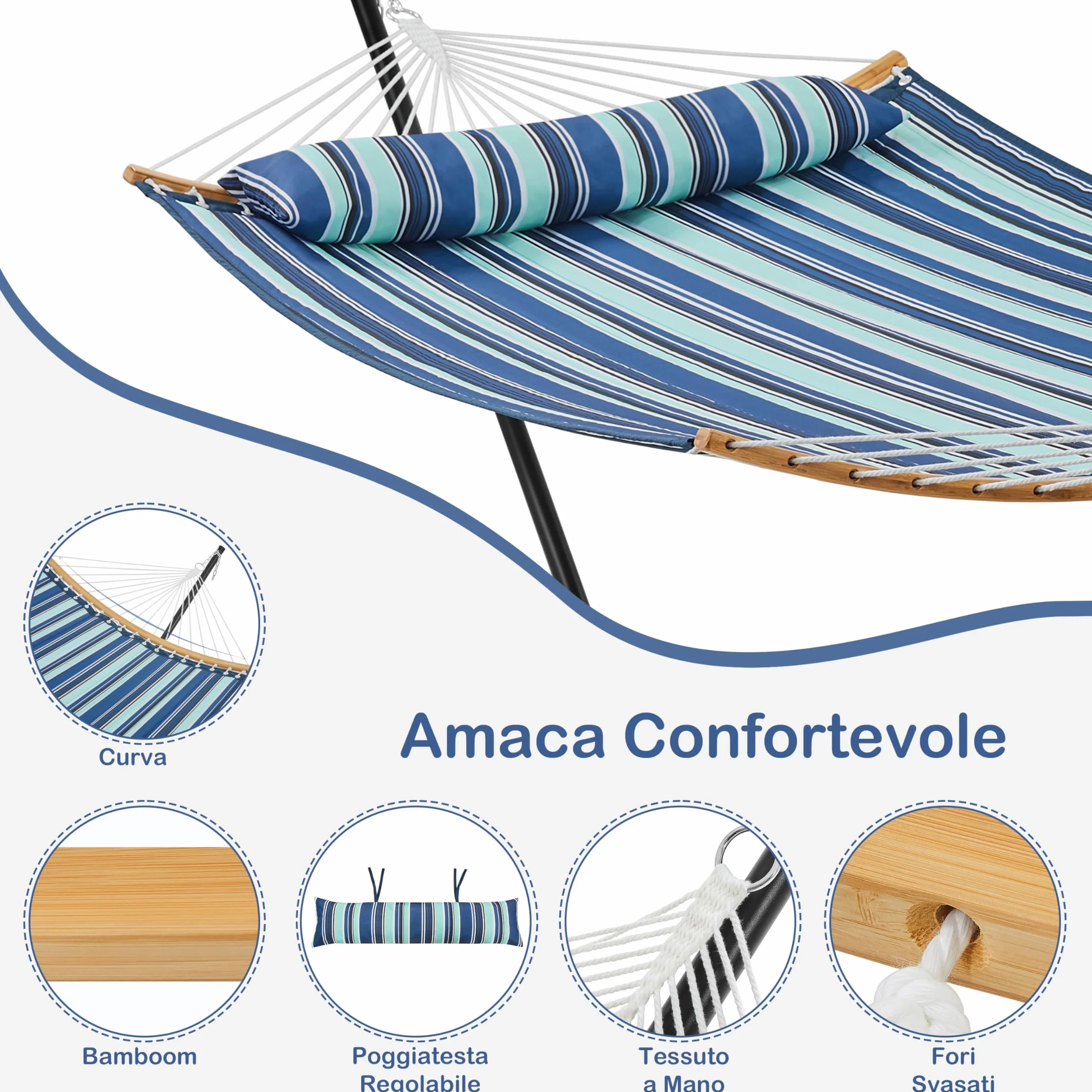 Yaheetech Amaca da Giardino Esterno Doppia in Telo Cotone con Supporto Acciaio Portata 216 kg Blu