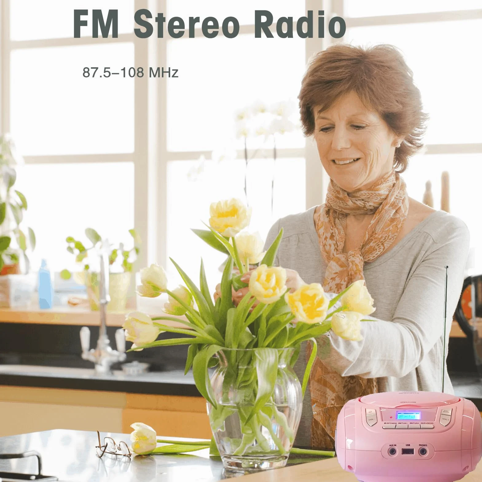 Lettore CD portatile Boombox Bluetooth radio FM USB AUX Rosa