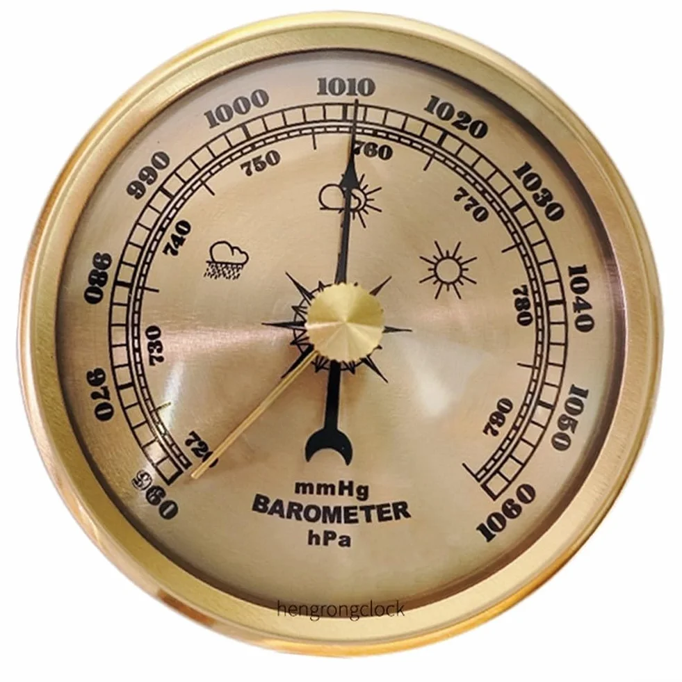 Orologio barometro con telaio in metallo per monitoraggio meteo domestico, strumento meccanico per misurazione e previsione della pressione dell'aria (oro)