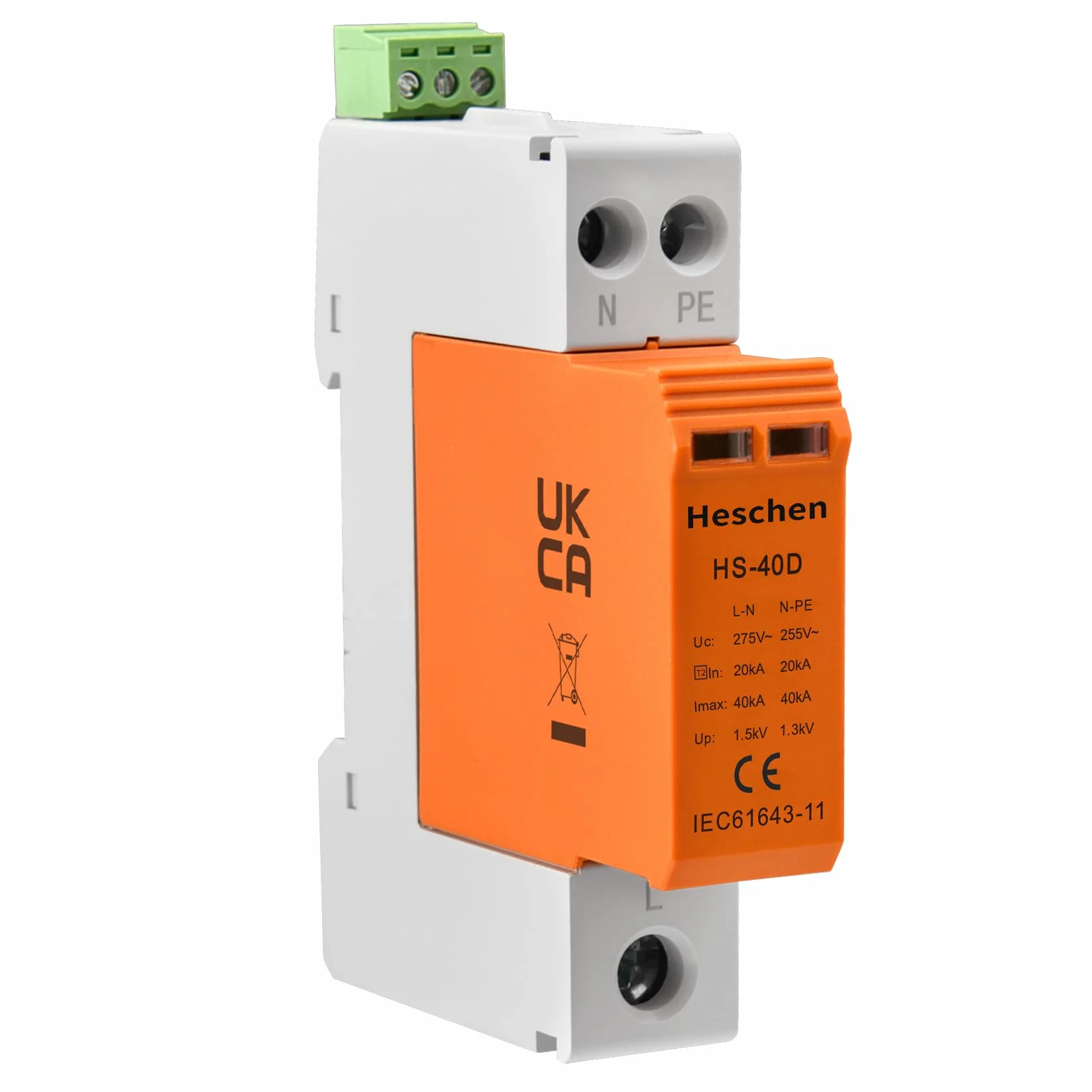Heschen HS-40D SPD Dispositivo di Protezione Sovratensione 275VAC 20KA 1+NPE L-Line Down Ignifugo Guida DIN 35mm