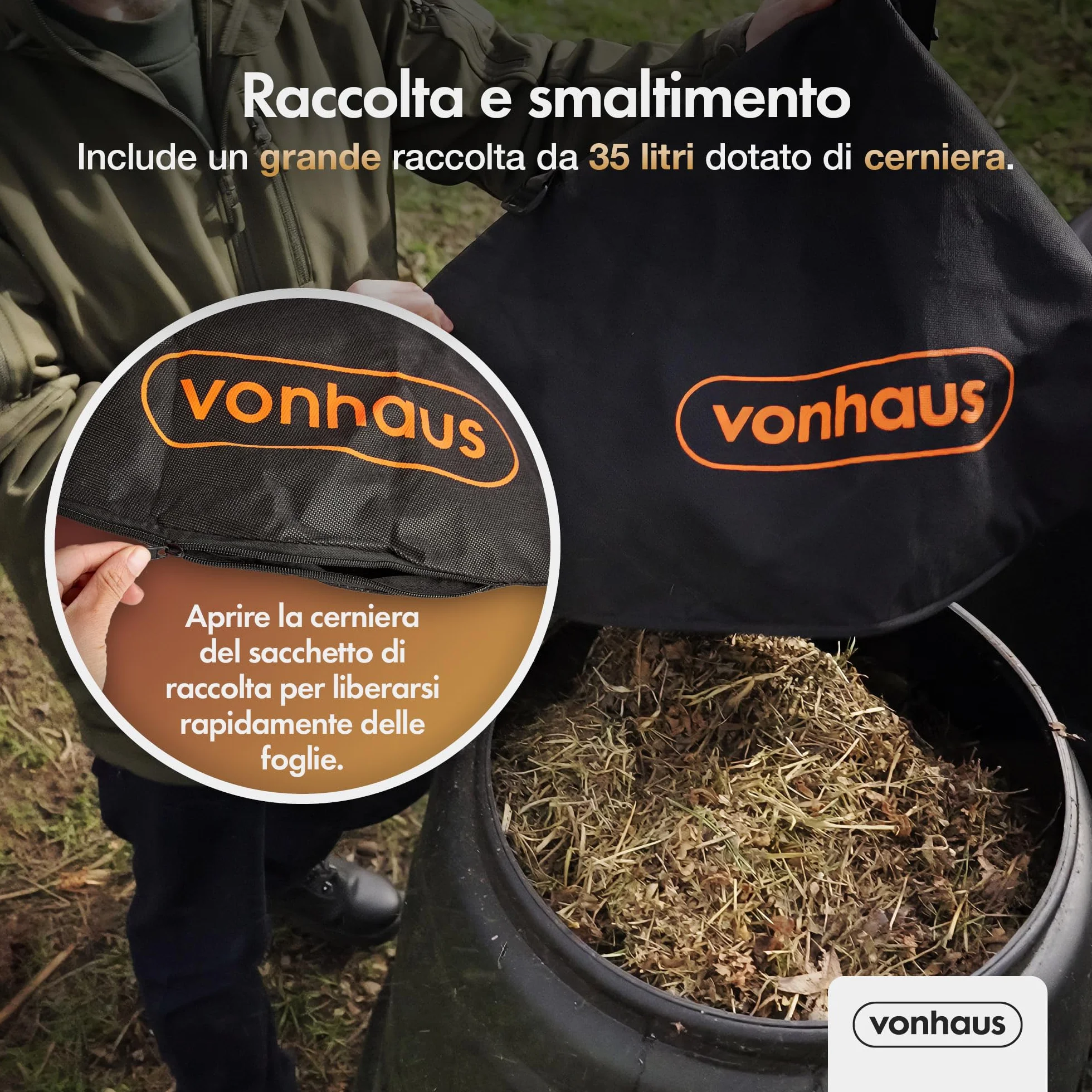 VonHaus Soffiatore e Aspirafoglie da Giardino da 3000 W – Soffiatore Foglie per Giardini, Grondaie, Vialetti – Leggero, con Tracolla, Ruote, Sacca Raccolta da 35 Litri