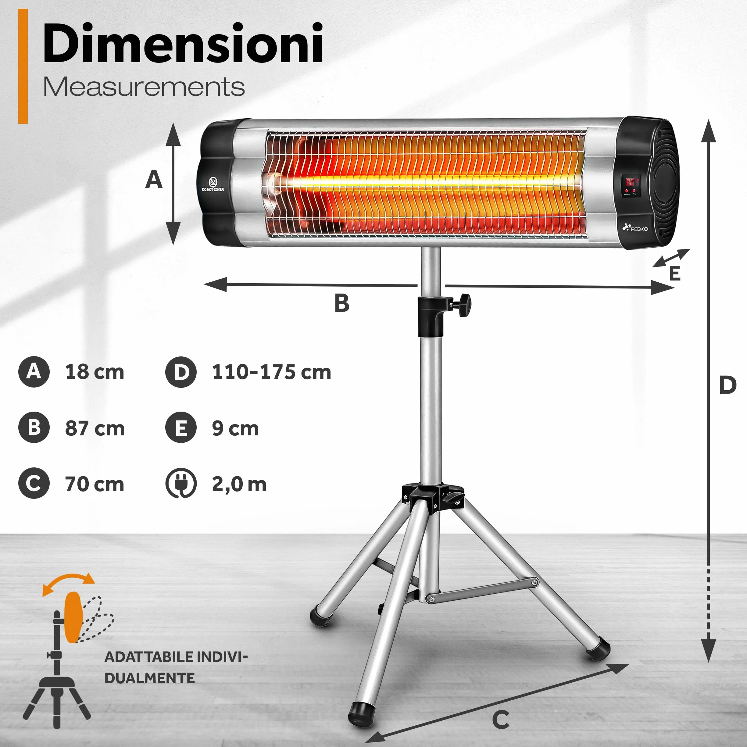 TRESKO Riscaldatore ad Infrarossi 2500W con Telecomando 3 Livelli Calore Stufa Elettrica Esterno Altezza Regolabile