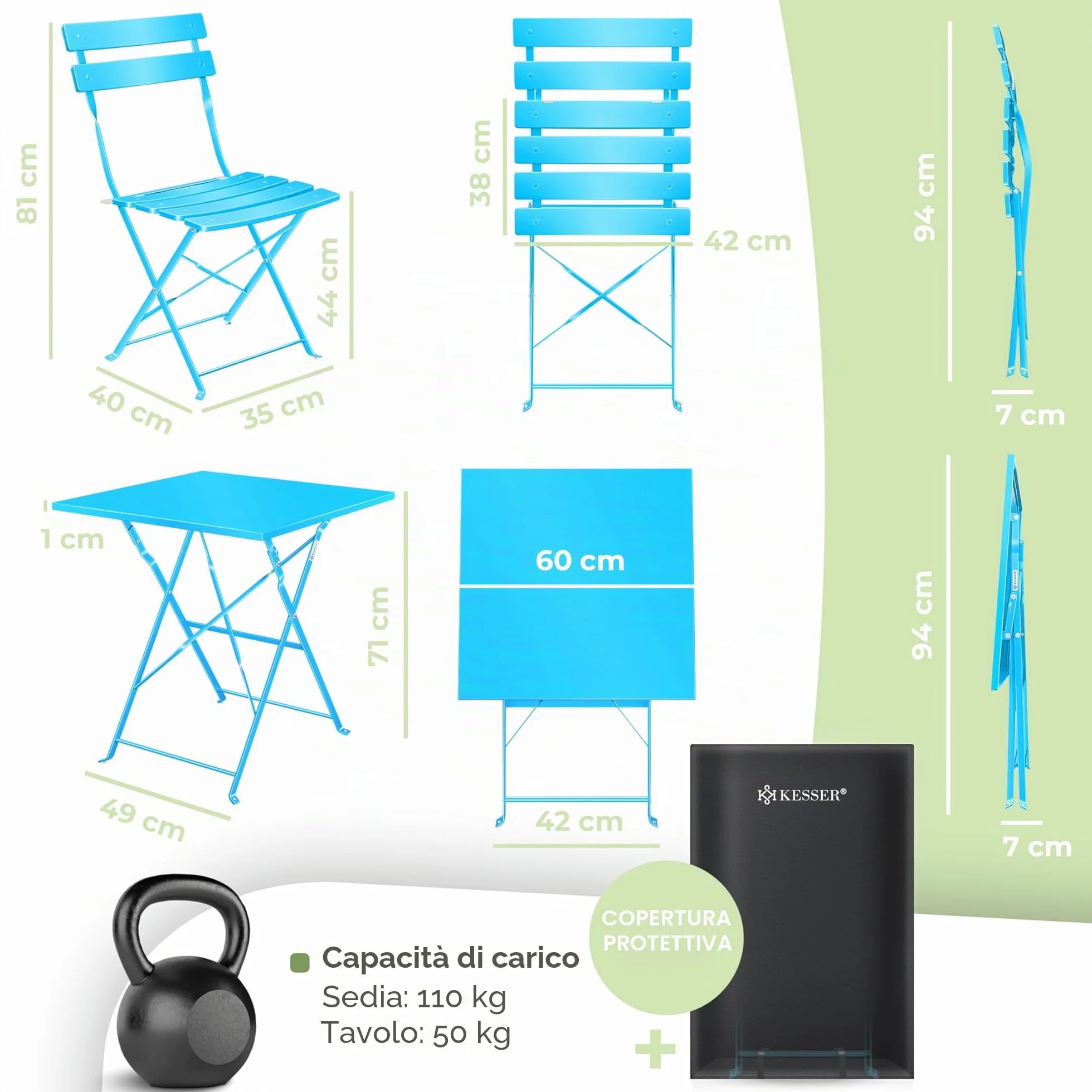 KESSER® Set di mobili da bistrot 3 pezzi con tavolo da bistrot e 2 sedie pieghevoli | Set di mobili da giardino per esterni, gruppo di sedute | Tavolo da giardino resistente ai raggi UV e agli agenti