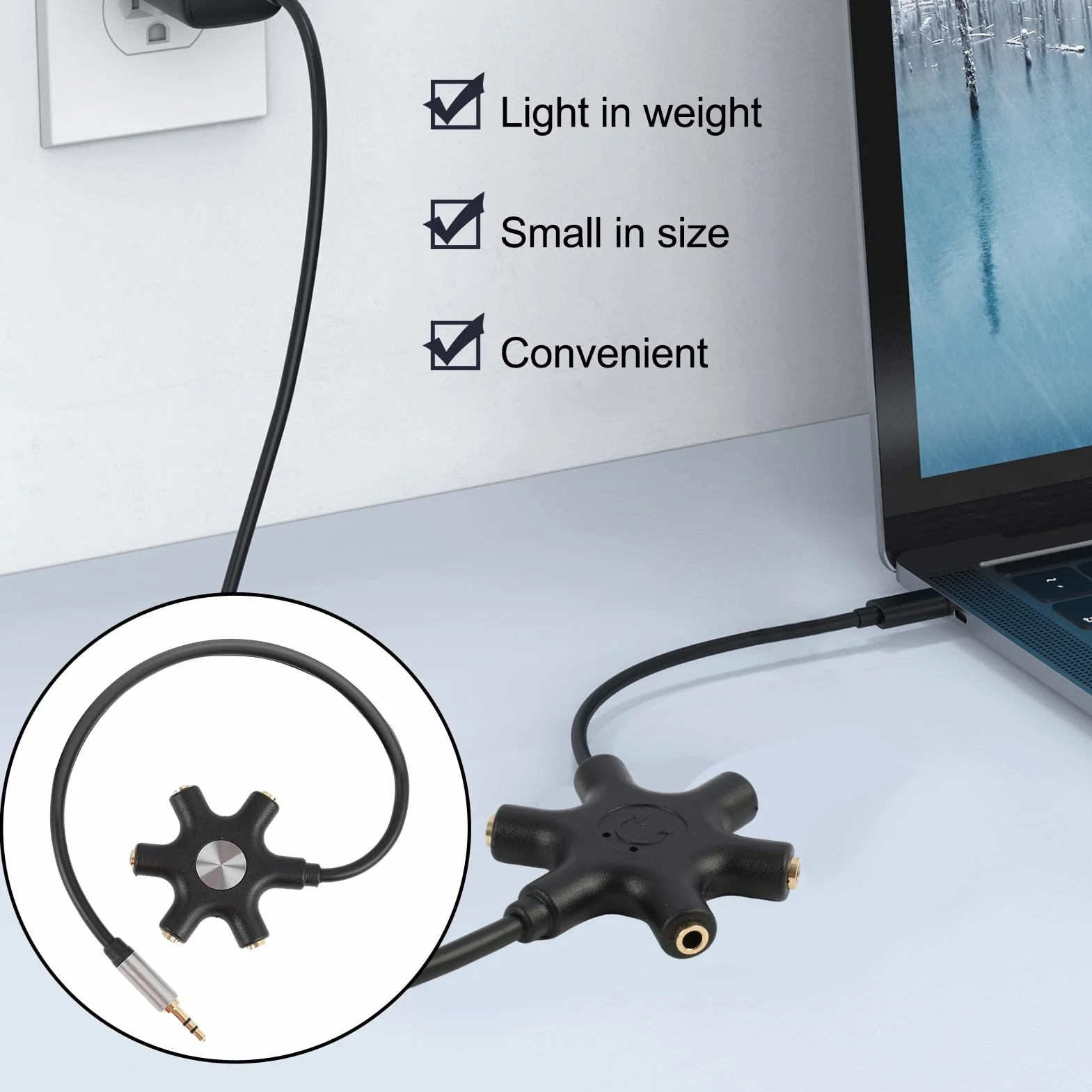 Splitter jack 3,5 mm 5 porte per auricolari multipli, separatore cuffie audio compatto compatibile iPhone iPad MP3 tablet
