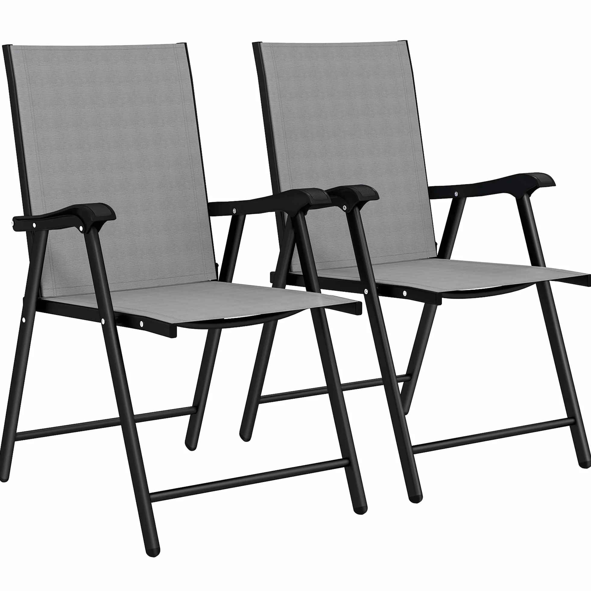 Outsunny Set di 2 Sedie da Giardino Pieghevoli, Sedie da Pranzo per Esterni con Schienale Alto e Braccioli, Tessuto Traspirante Texteline e Telaio in Acciaio per Terrazzo e Balcone, Grigio Chiaro