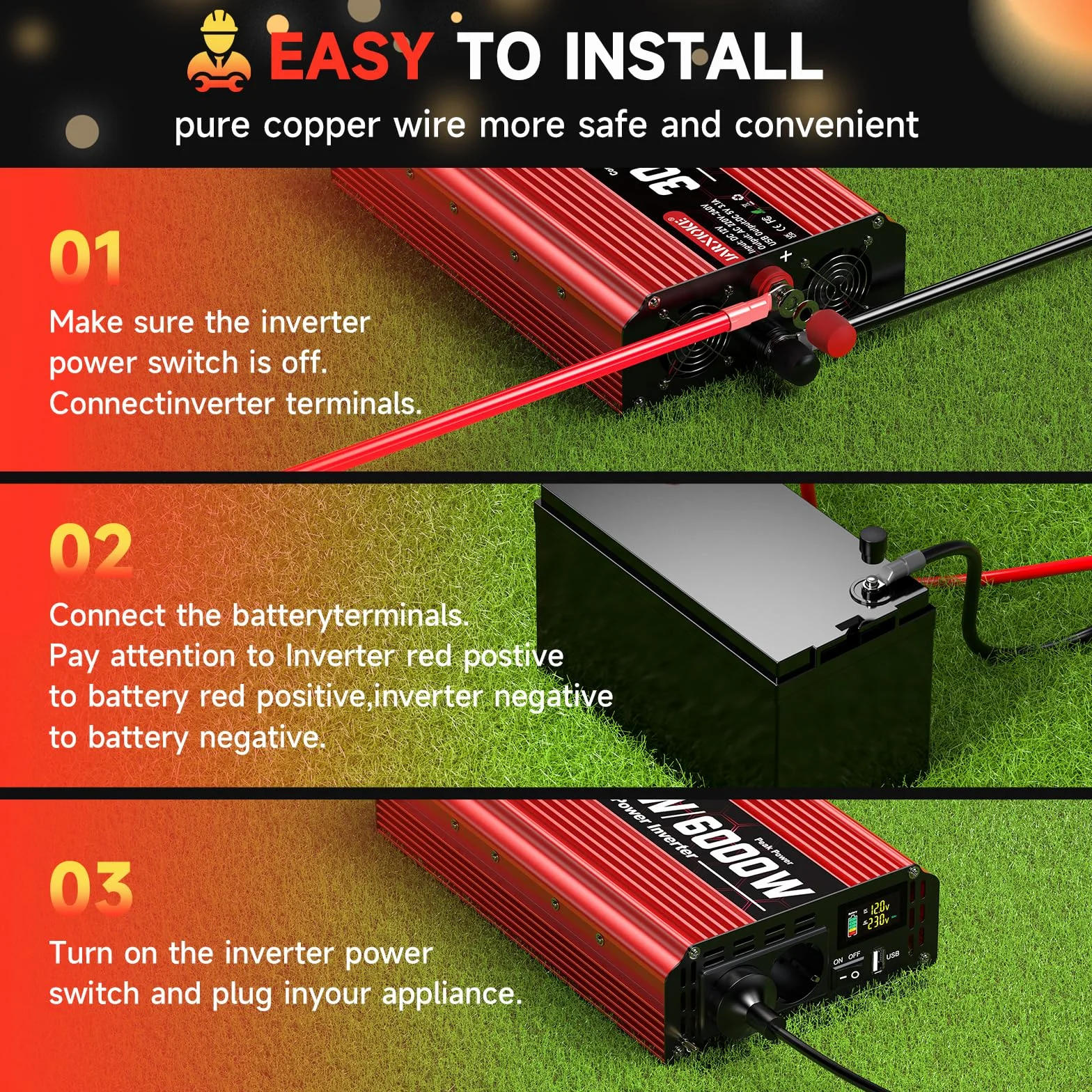 Inverter 3000W 12V 220V Onda Sinusoidale Modificata con Display 2 Prese AC USB per Auto Camper