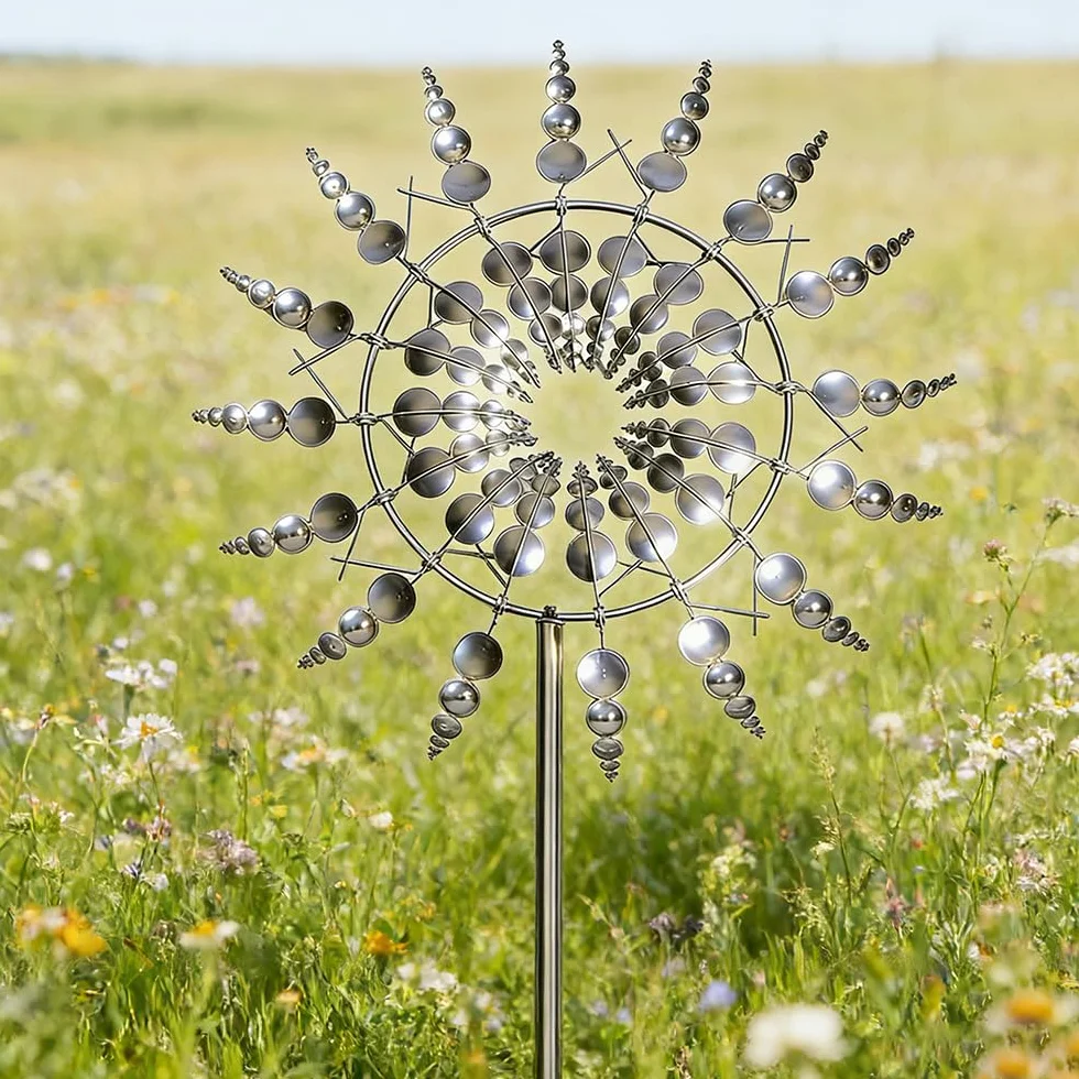 Girandola Cinetica, HOVCEH Upgraded Rust-Proof Mulino a Vento Cinetico, 3D 360° Doppio Rotors Kinetic Girandola a Vento in Metallo per Patio Prato e Giardino (Argento)