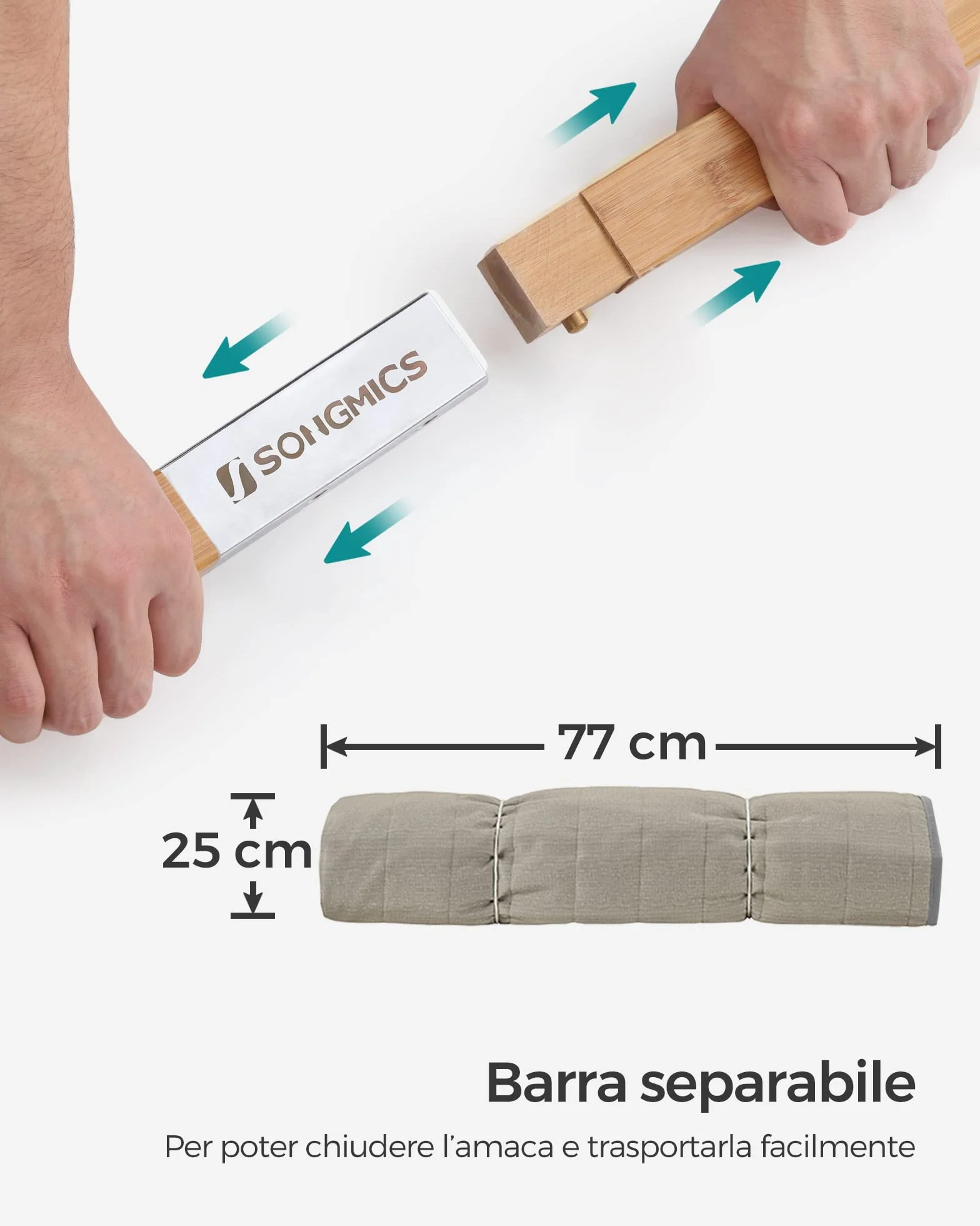 SONGMICS Amaca Doppia Imbottita da Campeggio Giardino con Barre Curve in Bambù, Cuscino, 200x140 cm, 225 kg, Grigio Beige GDC34CG