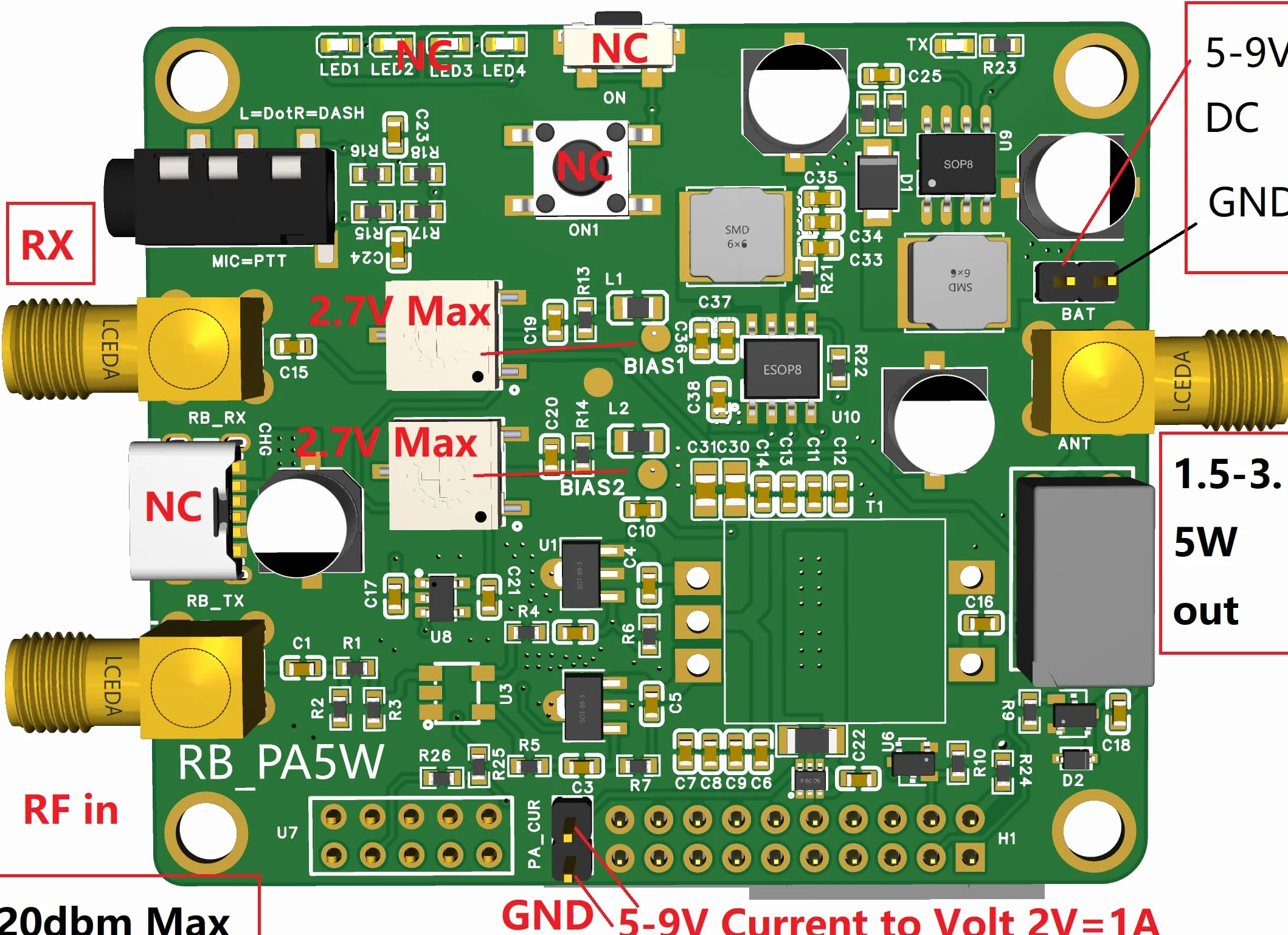 AURSINC Piastra preamplificatore Radioberry, amplificatore di potenza HF 1,5W-3W uscita 10W-100W