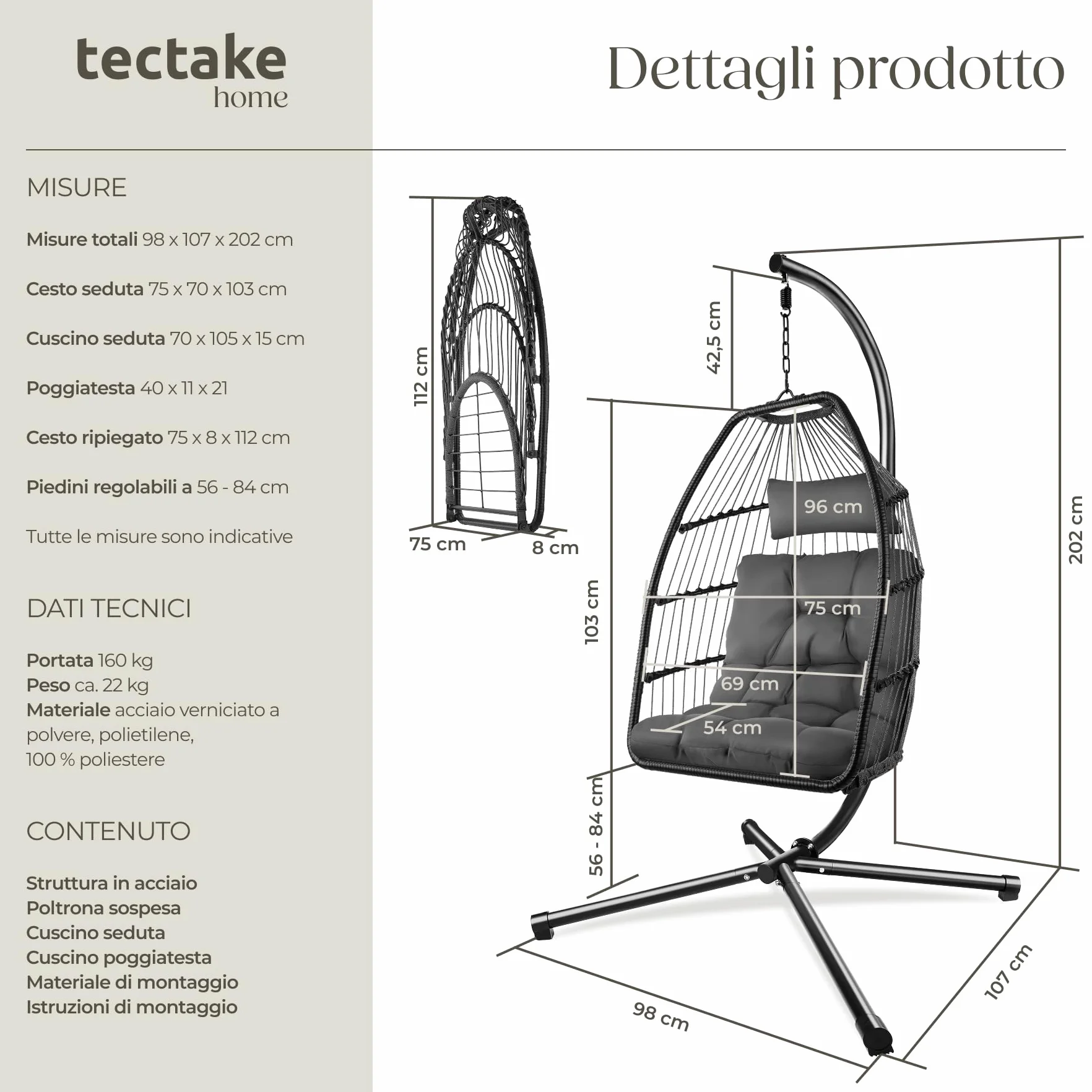 Tectake Poltrona Sospesa Ariane Girevole Pieghevole Acciaio Grigio Scuro con Cuscino Seduta Poggiatesta e Telo Protettivo