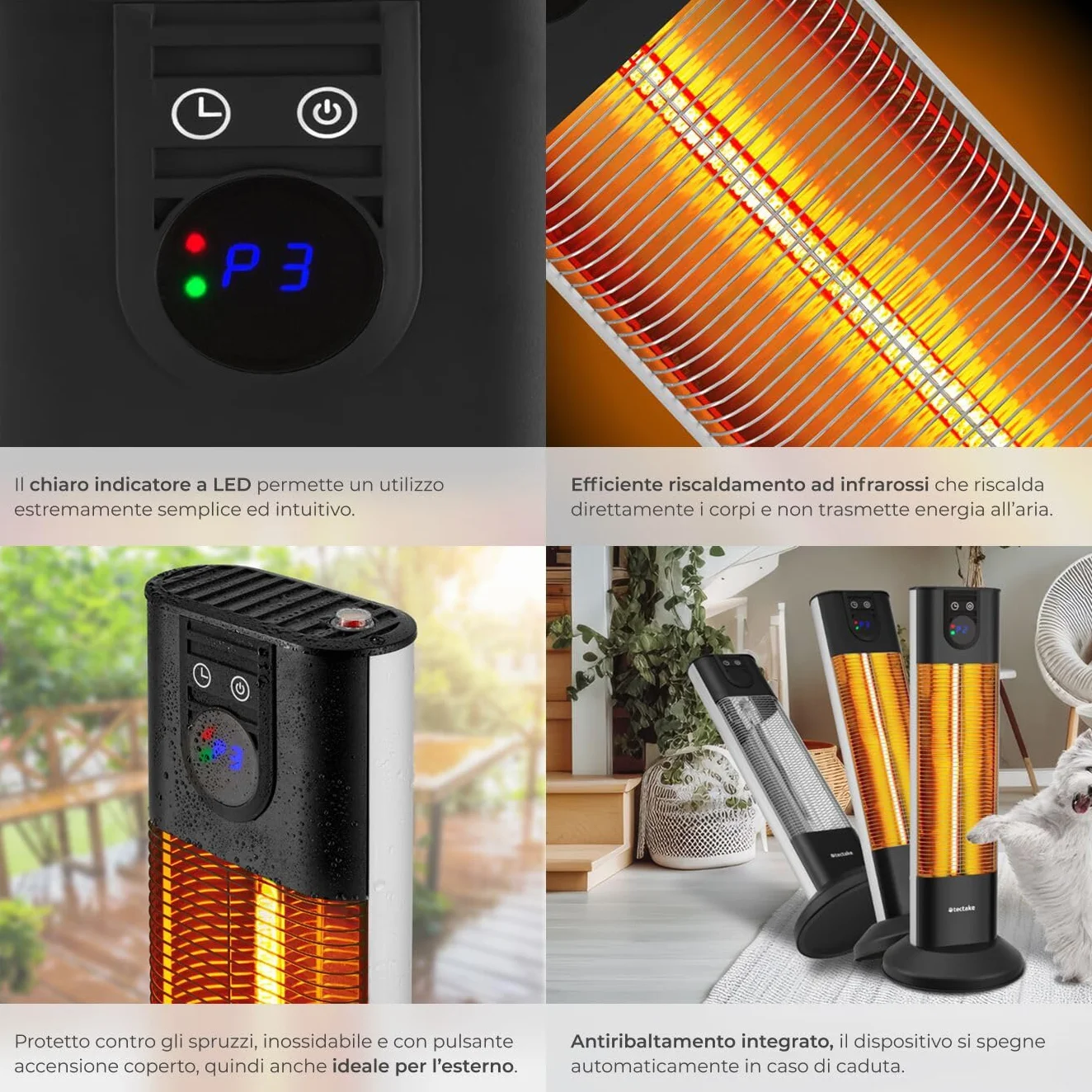 tectake® Radiatore a Infrarossi 1500W, LED, Timer, 3 Livelli di Potenza, Telecomando, Alluminio Inossidabile, Protezione Antiribaltamento, Riscaldamento Diretto, per camping, interno ed esterno - Nero
