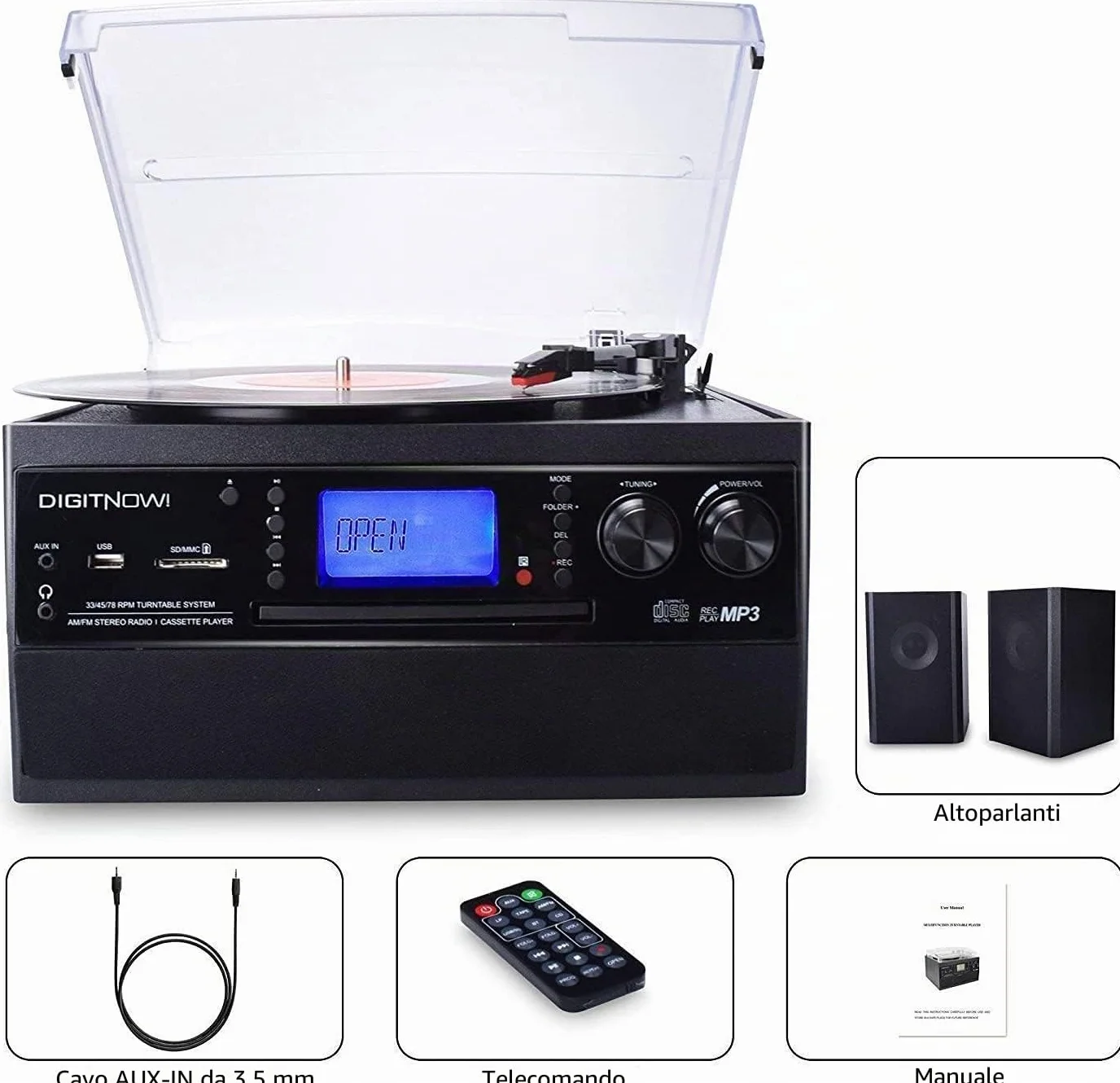 Giradischi Bluetooth DigitNow per CD Cassette Radio AM/FM con Altoparlanti Stereo