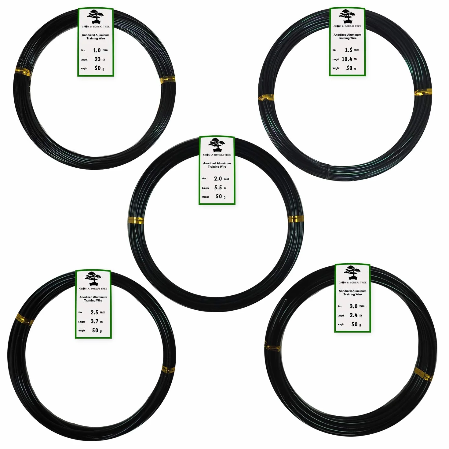 Grow A Bonsai Tree Alluminio Anodizzato Filo per Bonsai 5-Formati Set di Avviamento - 1,0mm, 1,5mm, 2,0mm, 2,5mm, 3,0mm (45 Metri Totale) - (5 Formati, Nero)