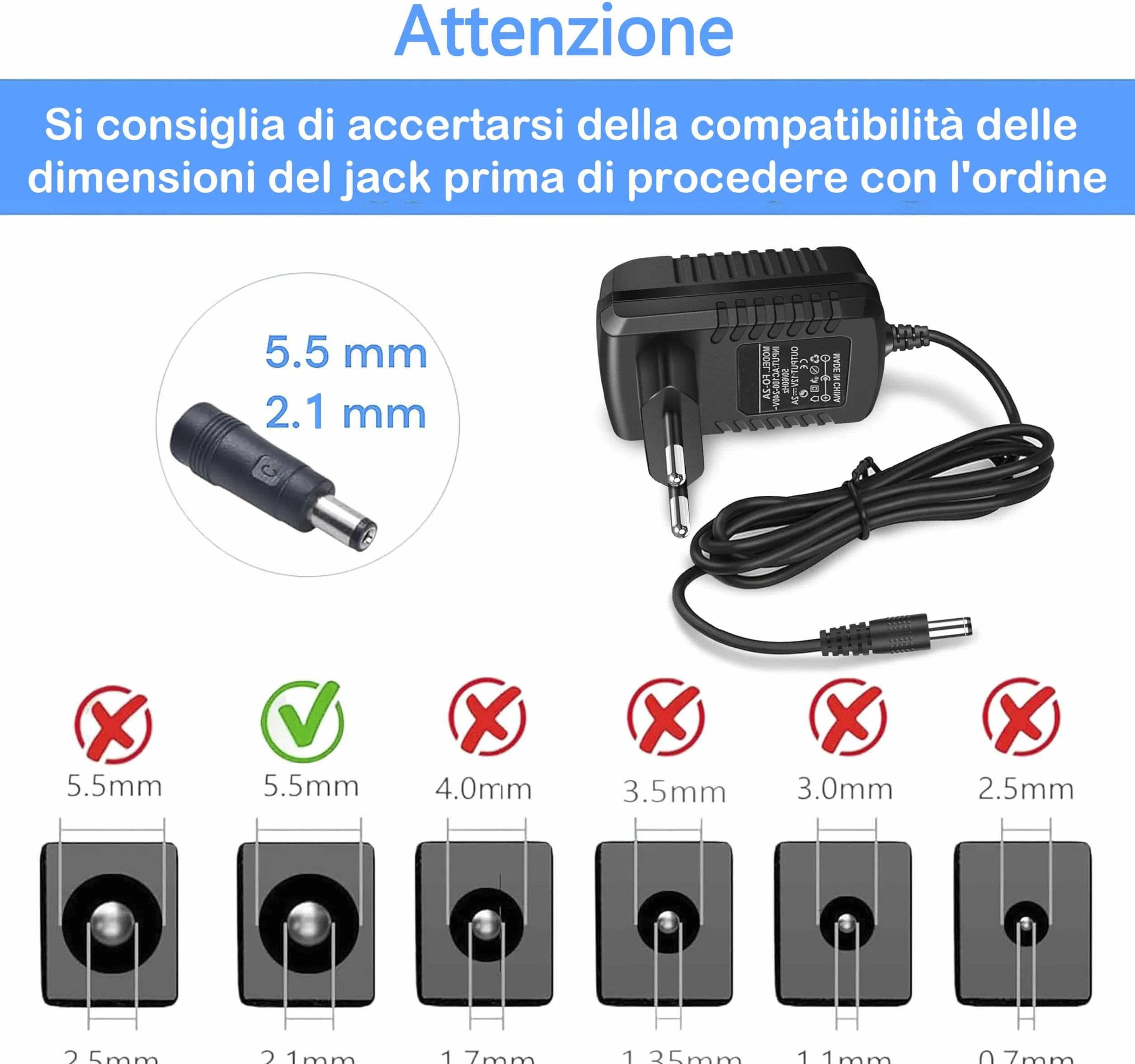 Alimentatore 12V 2A con Spina EU Adattatore AC/DC 100-240V a DC 12V Connettore 5.5x2.1mm Trasformatore Universale