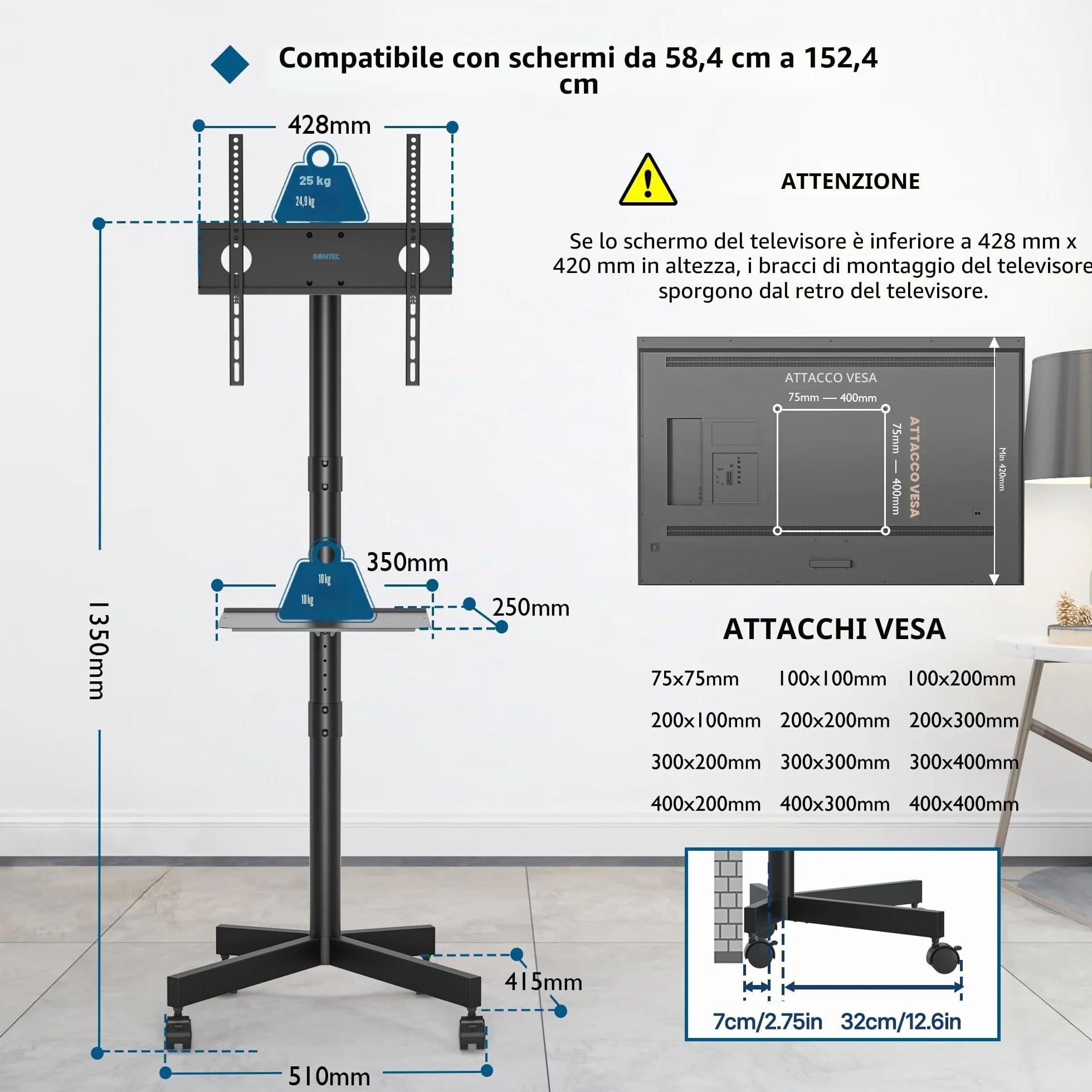 BONTEC Supporto TV da Pavimento 23-60 Pollici con Ruote, Carrello Staffa Porta Mobile fino a 25 kg, VESA 400x400 mm