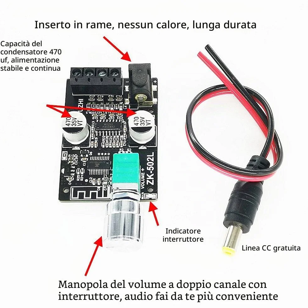 DollaTek TPA3116 Bluetooth 5.0 Mini Amplificatore di Potenza Digitale 2x50W con Interruttore e Volume Regolabile