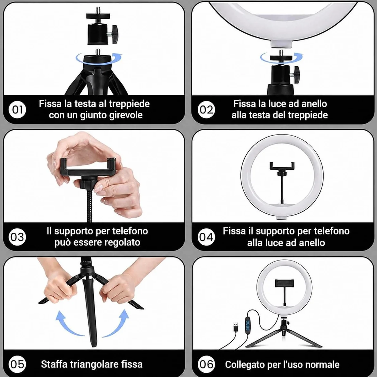 Lampada ad Anello LED 12" 30cm Regolabile per Selfie Video Foto Treppiede 3 Modalità Illuminazione