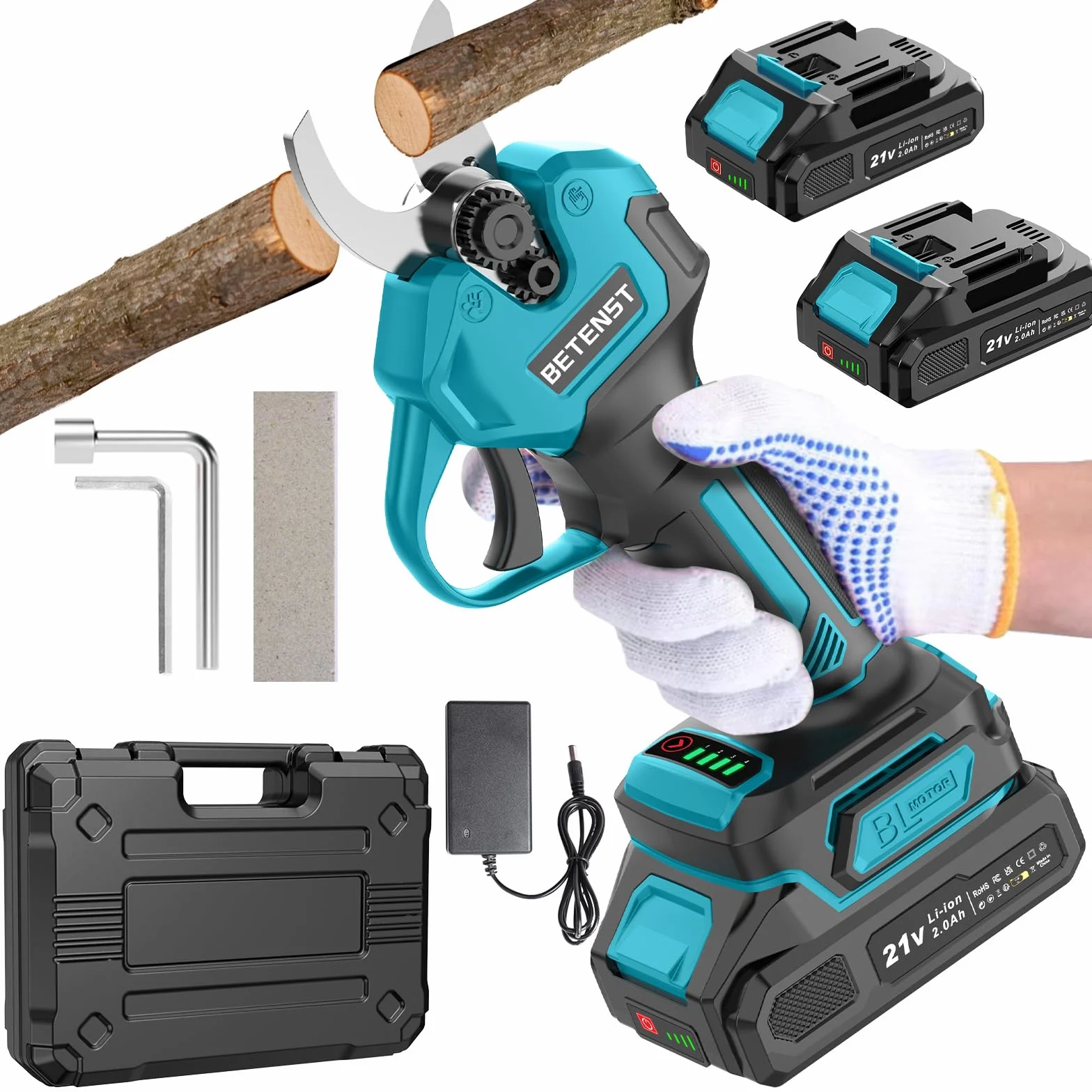 Forbici Potatura a Batteria Brushless, BETENST Forbici Elettriche con 2 Batterie 2.0Ah, Lama SK5, Schermo LCD Cesoie a Batterie, Pietra per affilare per Frutteti, Paesaggistica e Giardinaggio