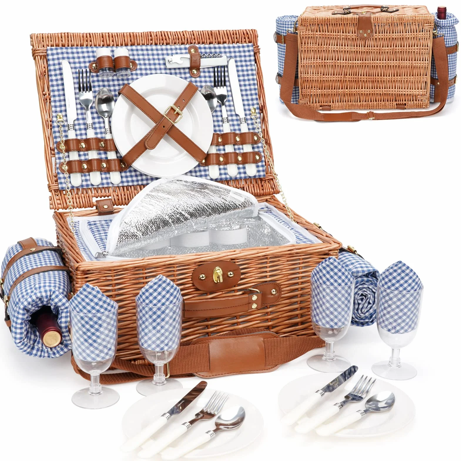 Cestino da picnic per 4 cesti di salice isolati con cinghia, impermeabile con coperta, vimini fatto a mano, ideale come regalo