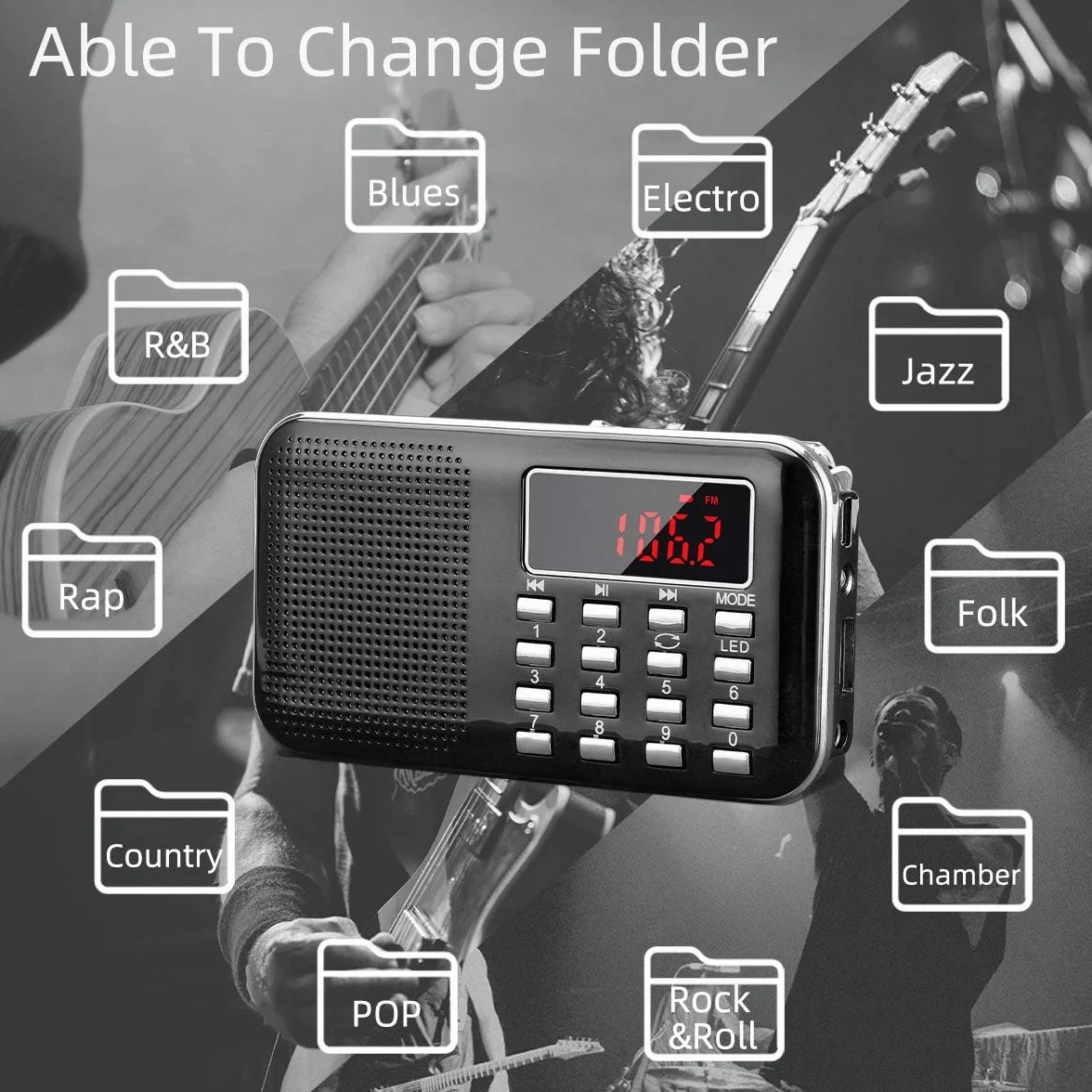 Prunus J-908 Radio Portatile Ricaricabile FM/AM(MW) Digitale MP3 USB AUX TF Card Torcia Emergenza Nero