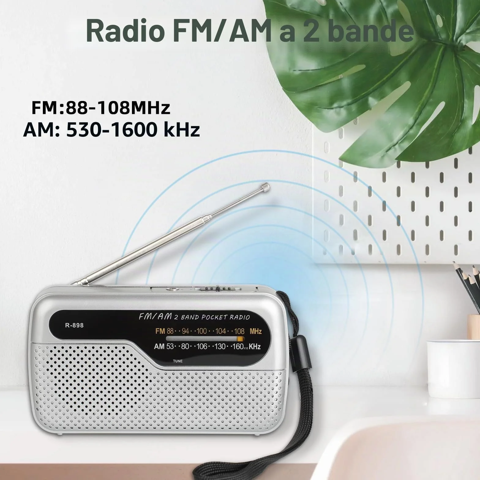 Radio portatile FM transistor con altoparlante potente, funziona con 2 batterie AA, argento