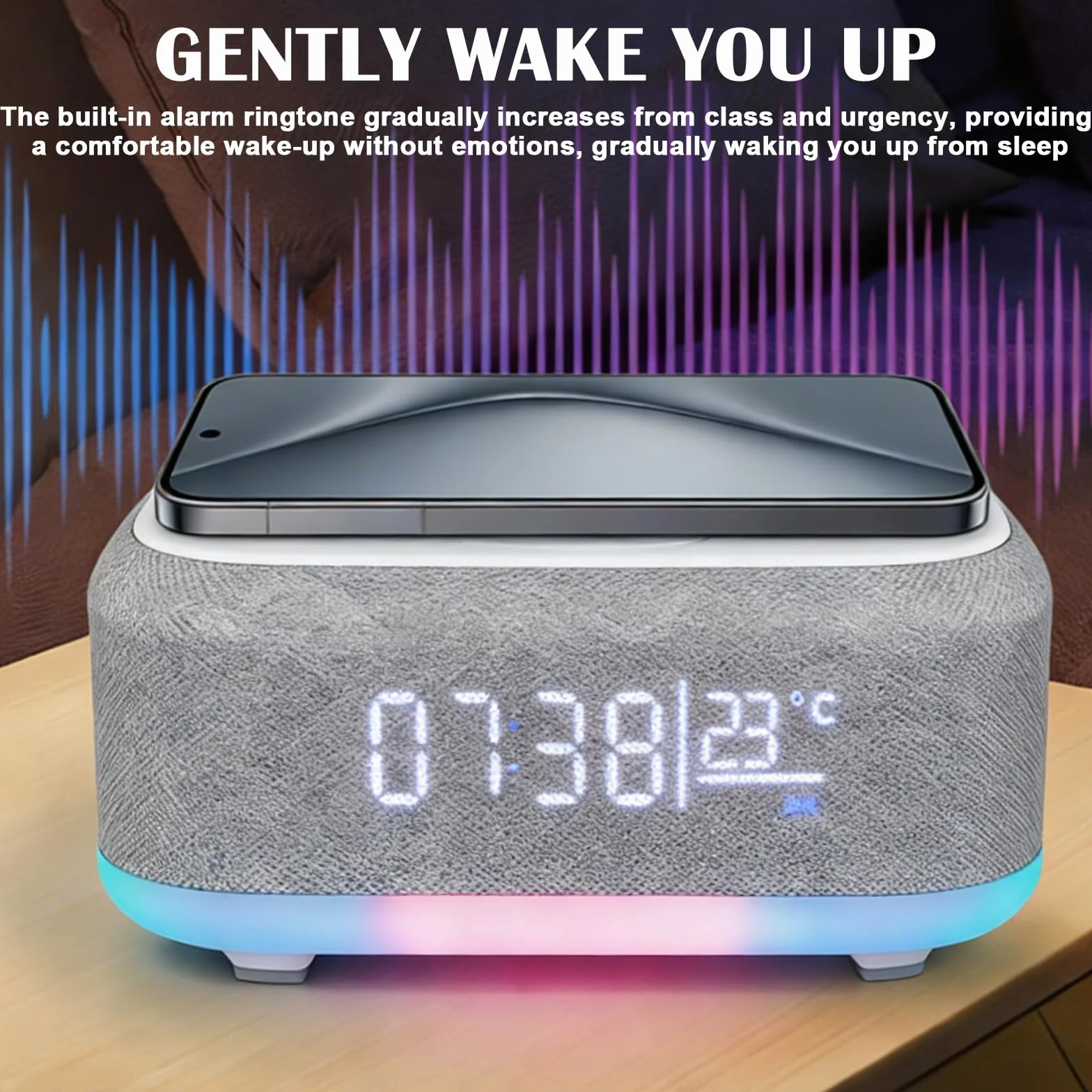 Radiosveglia Digitale con Stazione di Ricarica Wireless 15W, Sveglia Bluetooth, Luce Notturna 9 Colori, Caricatore USB