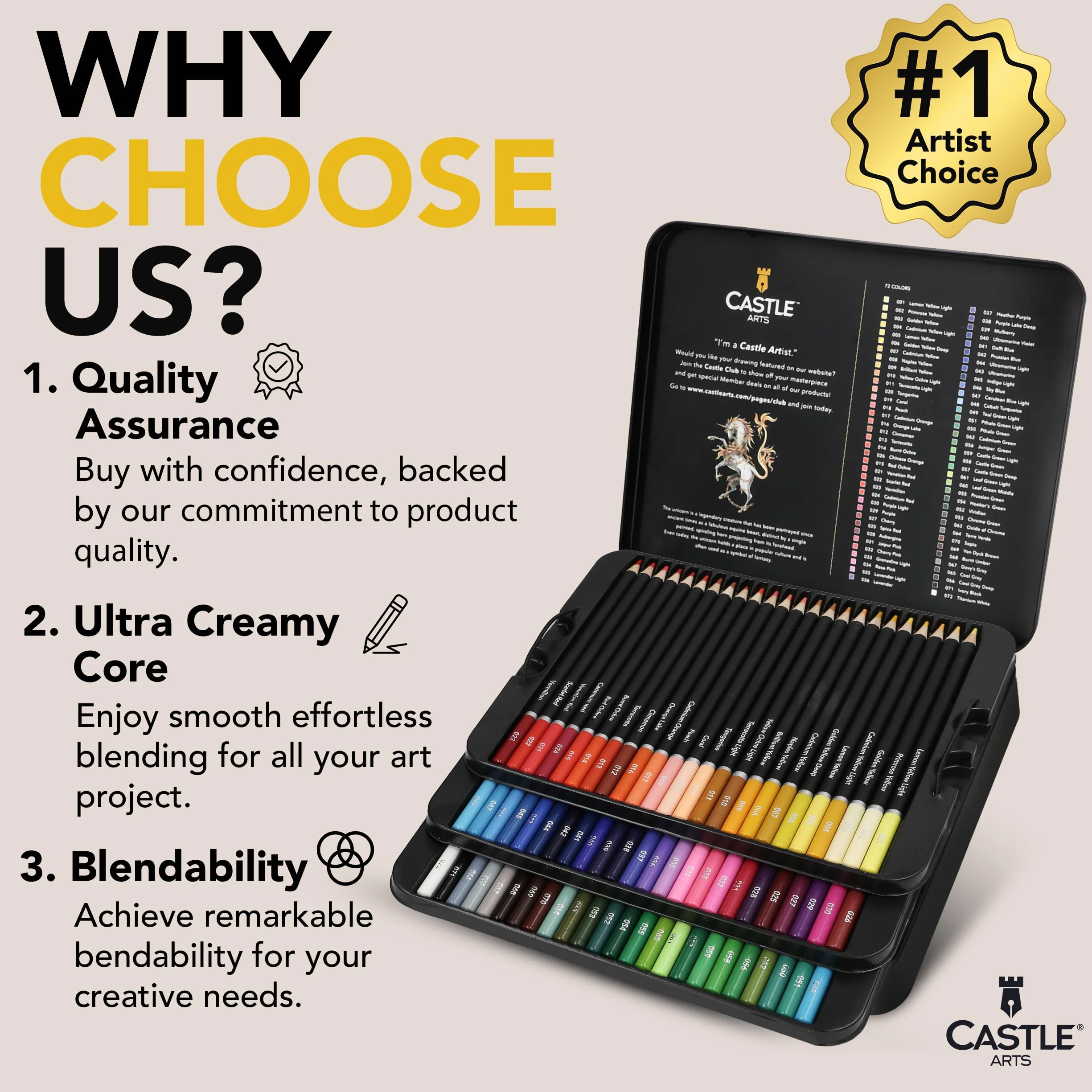 Castle Art Supplies Set di 72 matite colorate, morbide dai colori vivaci