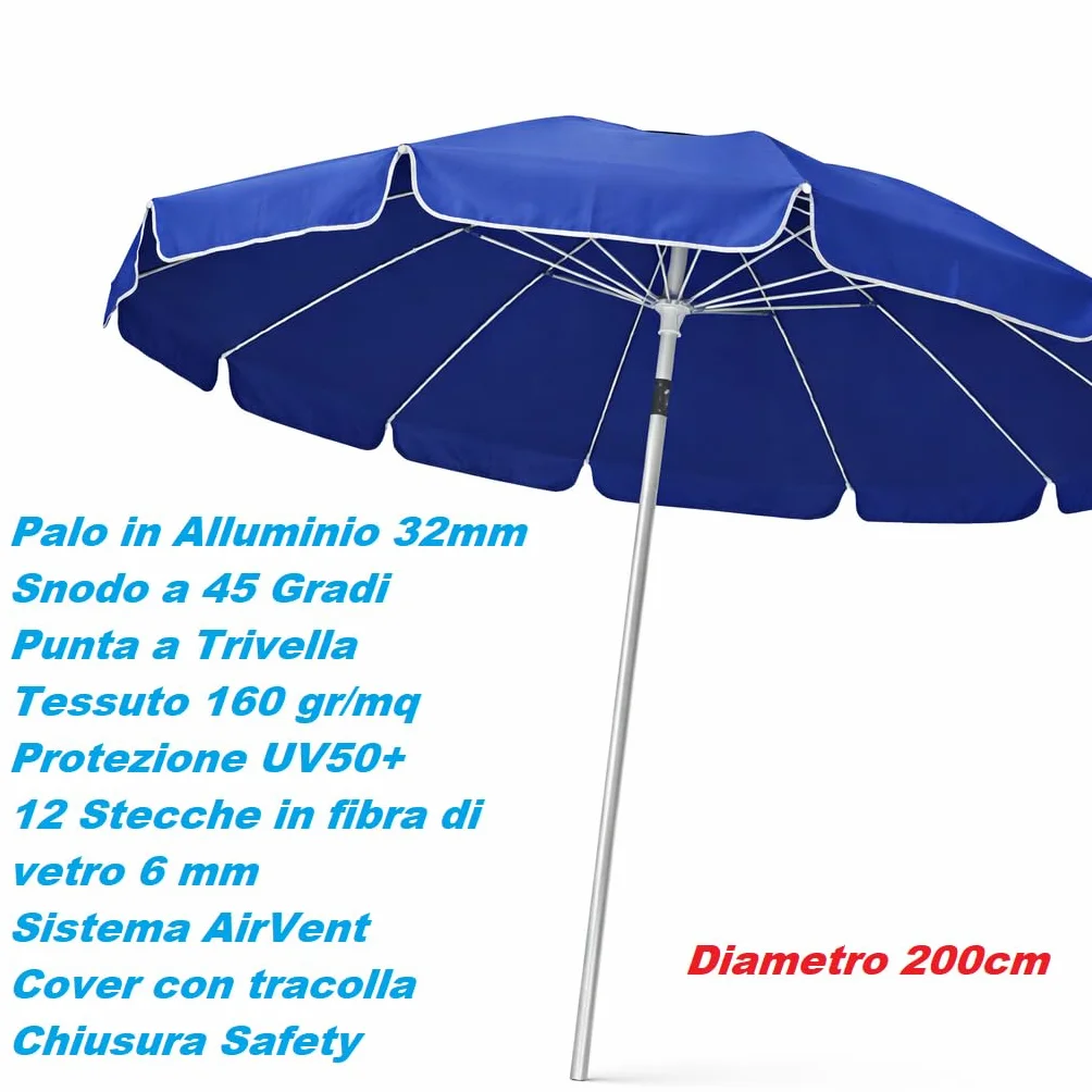 DANYX Ombrellone Mare Spiaggia 200 cm Antivento 12 Stecche Fibra di Vetro, Palo Alluminio 32 mm, UV50+ Inclinabile 45°, AirVent, Punta Trivella con Custodia