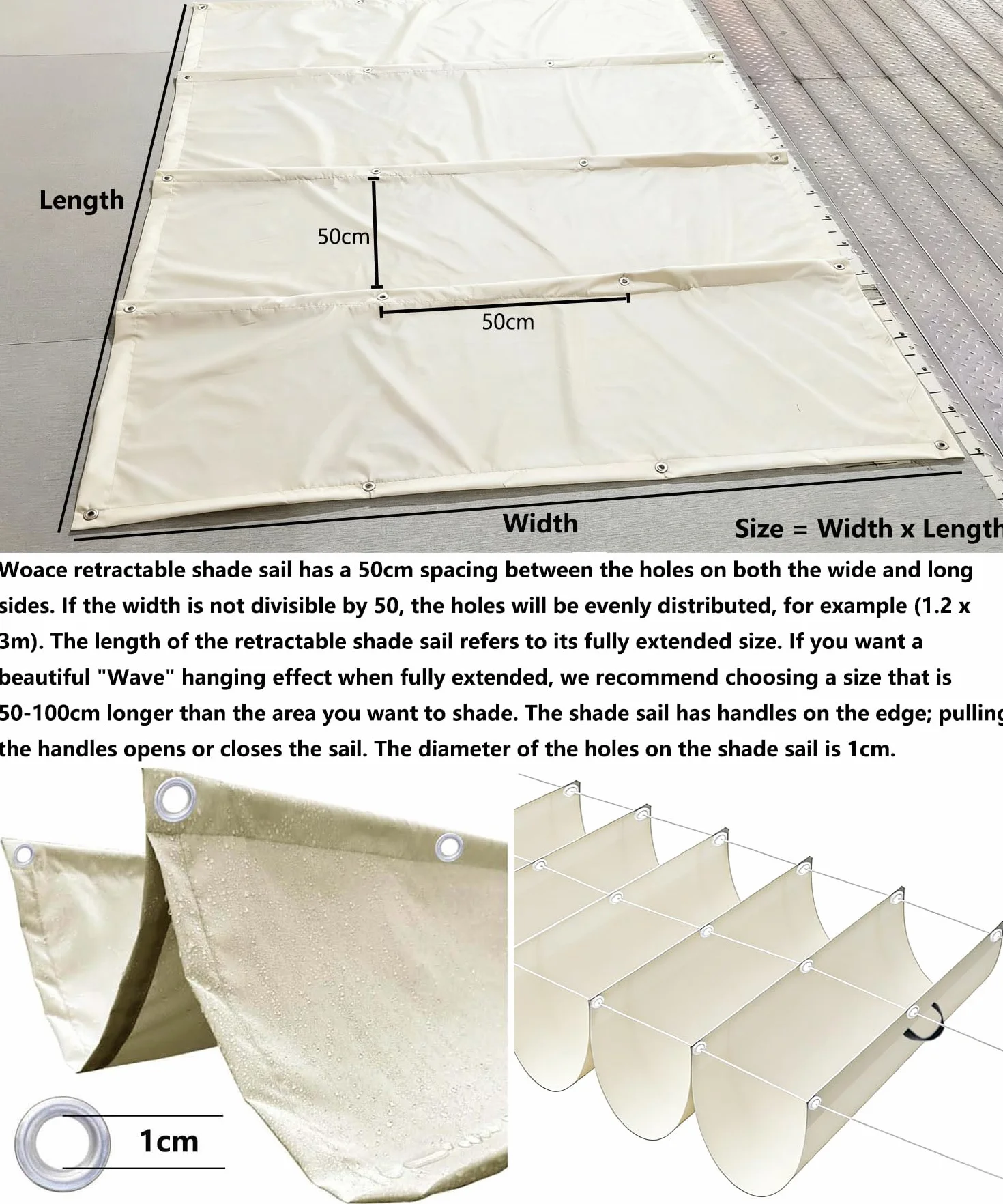 Vela Ombreggiante a Onda Retrattile Impermeabile Telo Parasole Protezione UV per Giardino Terrazza 0.9x3M Crema