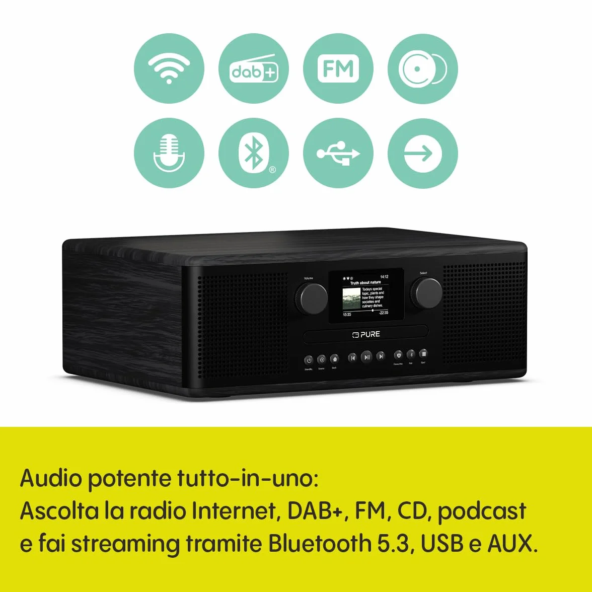 Pure Classic C-D6i Radio Internet All-in-One WiFi DAB+/FM Bluetooth 5.3 Lettore CD USB AUX Audio Stereo 2x15W Display Colori Sveglia Sleep Timer Nero