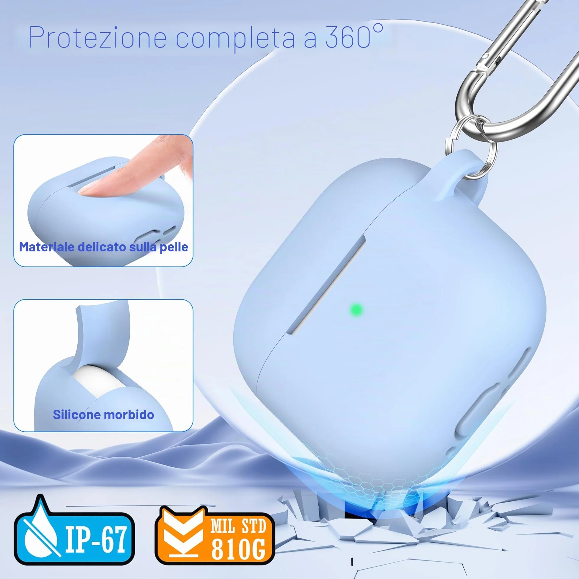 Custodia AirPods 4 2024 Silicone Morbido Grado Militare con Portachiavi Azzurro Cielo