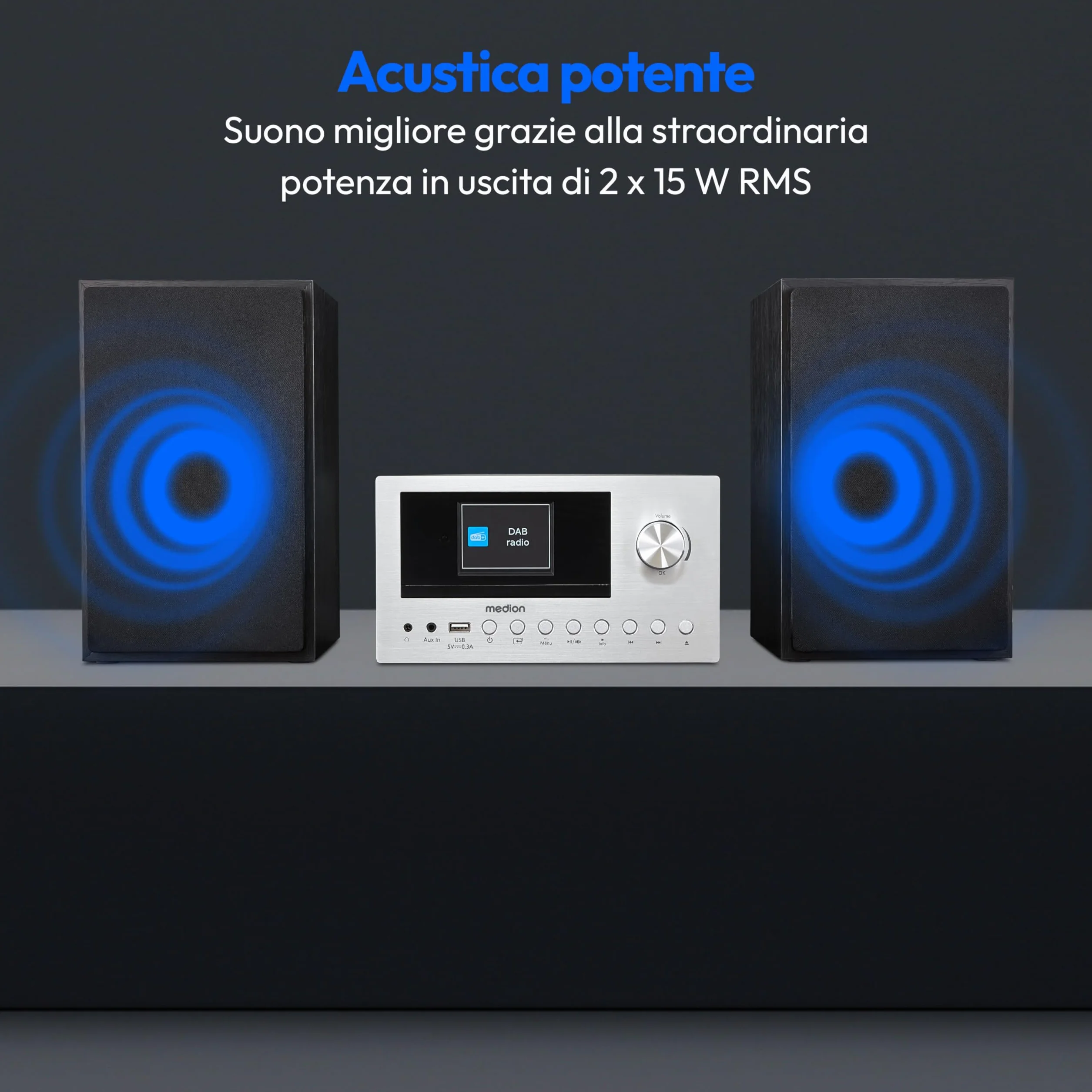 MEDION Micro Impianto Audio Compatto P85003 Radio Internet DAB+ FM Bluetooth USB AUX 2x150 W