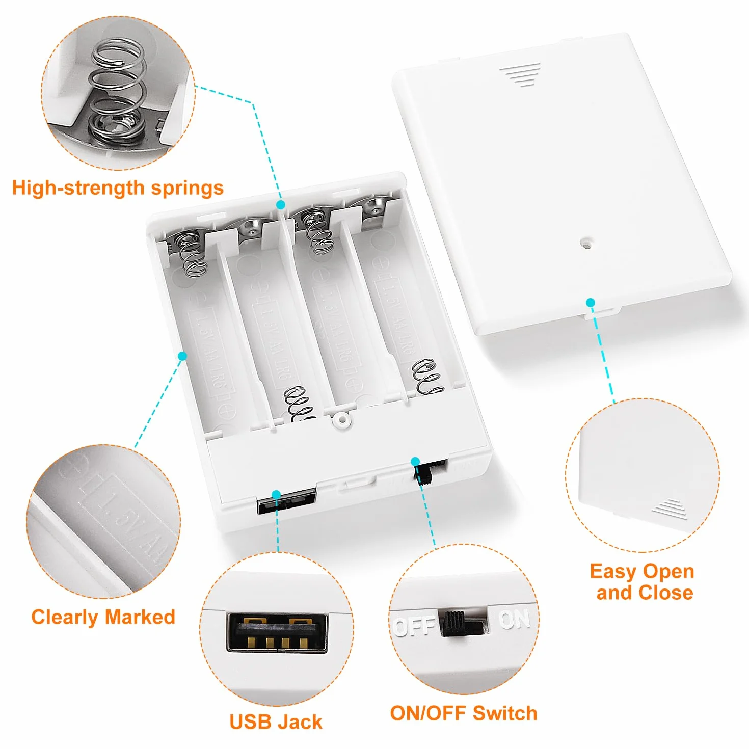 Portabatteria 6V 4x1.5V AA Supporto Batteria con USB Femmina Interruttore On/Off Bianco