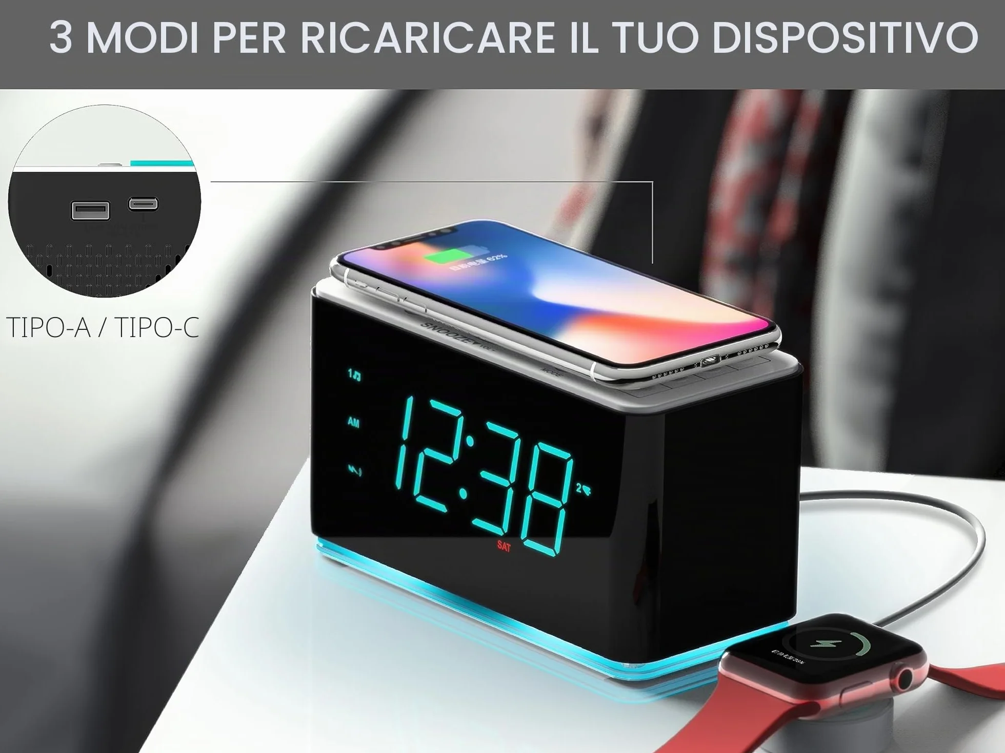 iTOMA CKS207 Radiosveglia Bluetooth 15W Caricabatterie Wireless FM Radio USB Doppia Sveglia