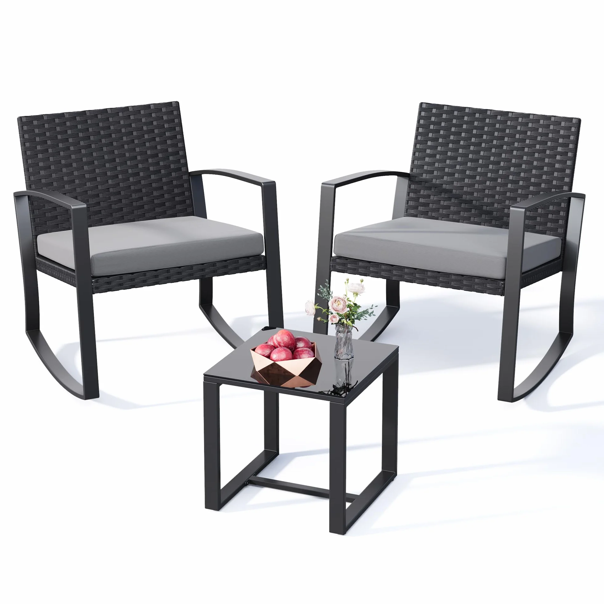 Xbro Salottino da Giardino Esterno con Sedie a Dondolo, Set Balcone 3 Pezzi in Rattan con Tavolo da Esterno e Cuscini per Terrazza Patio Veranda
