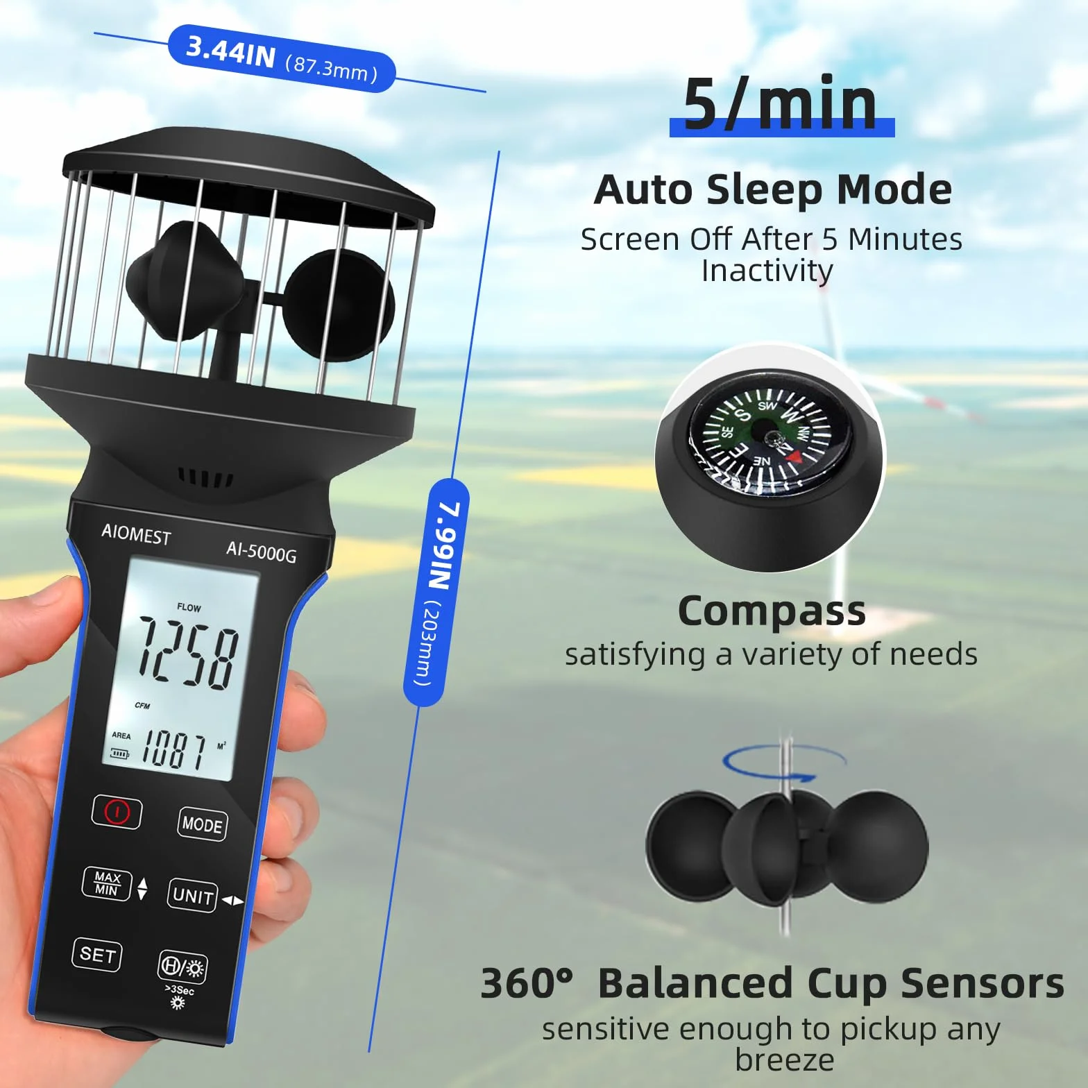 AIOMEST Anemometro Digitale Portatile, Misuratore di Velocità del Vento a 4 Tazze a 360°, Anemometro ad Alta Precisione ±5% con Temperatura (℃/℉), MAX/AVG per Riprese, Vela, Surf, Drone, AI-5000G