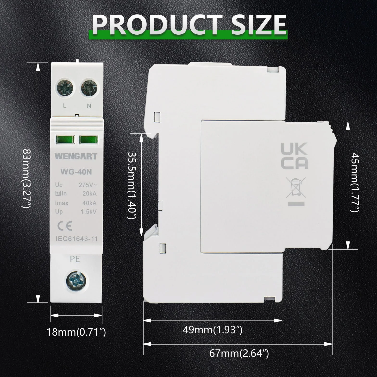 Wengart WG-40N Dispositivo di protezione contro le sovratensioni 2P 20-40KA 18mm