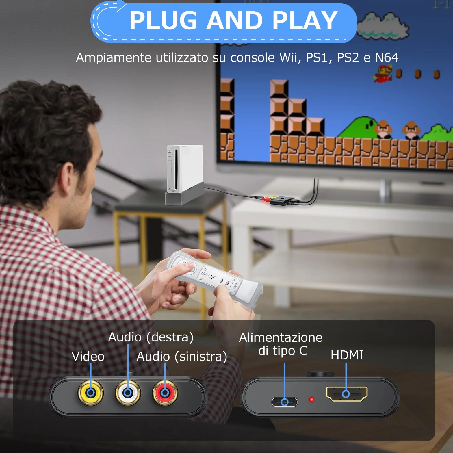 CAMWAY Convertitore AV a HDMI, Supporta 16:9/4:3, Adattatore con Cavo HDMI 50cm, PAL/NTSC per Wii/PS1/PS2/N64/Xbox