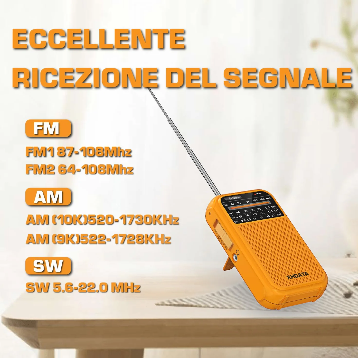 XHDATA D220 Radio Portatile AM FM SW a Pile, Onde Corte, Piccola Ricezione Eccellente (Arancione)