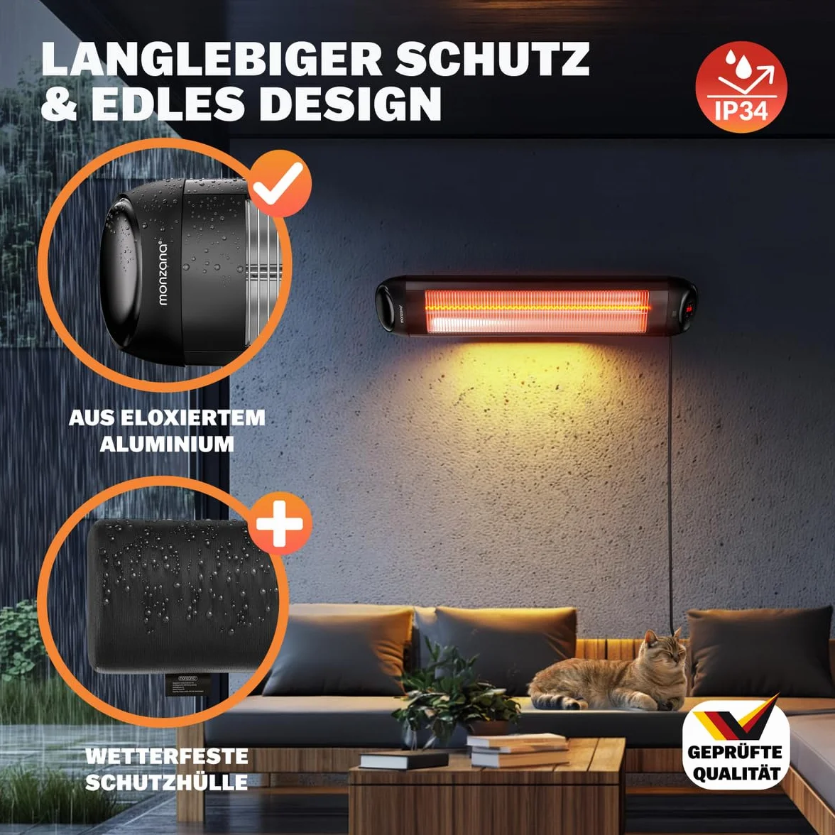 Monzana Stufa a Infrarossi 2500W a Parete 3 Livelli Calore Inclinabile 90° Telecomando Timer 24h