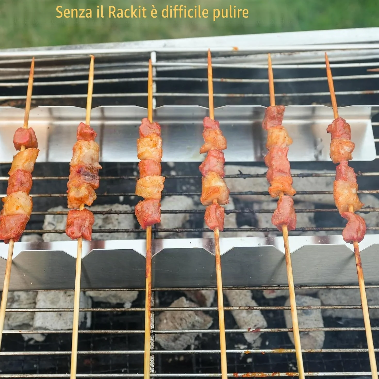 Griglia per spiedini per 6 spiedini. Realizzato in Metallo Acciaio Inox. Lunghezza Rack 30 cm, Altezza 4 cm, Larghezza Base 3,5 cm (6 Pezzi