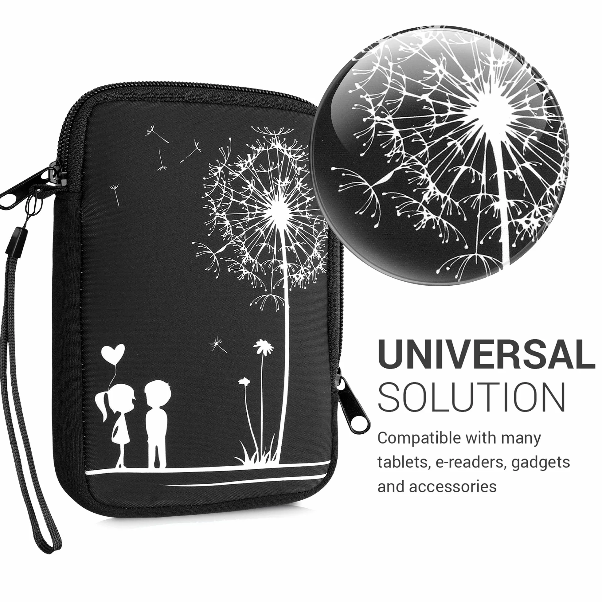 kwmobile Custodia Universale per eReader in Neoprene bianco/nero con Chiusura a Zip 17 x 12 x 2 cm