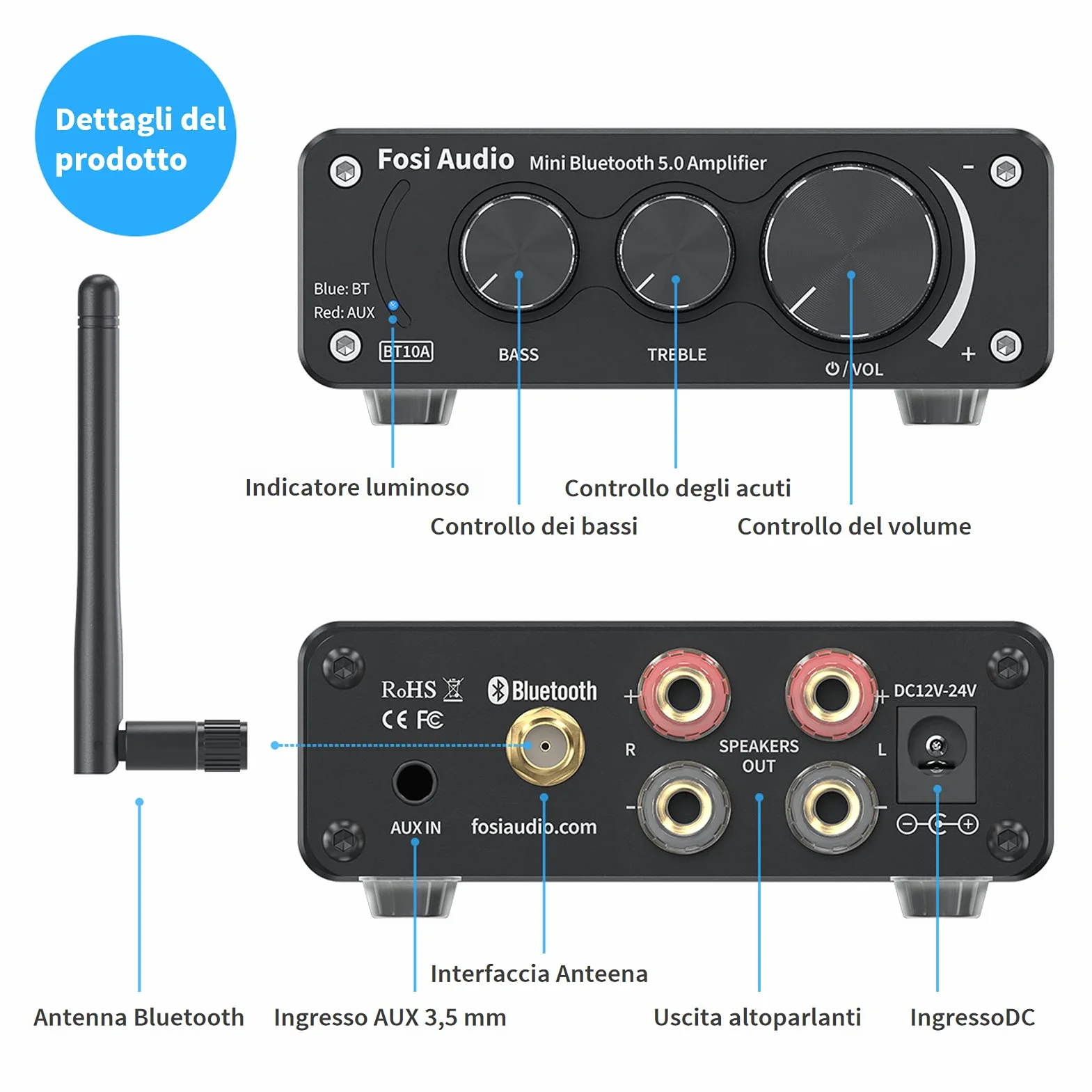 Fosi Audio BT10A Amplificatore Bluetooth 5.0 TPA3116 50Wx2 HiFi Stereo Classe D 2.0 Canali