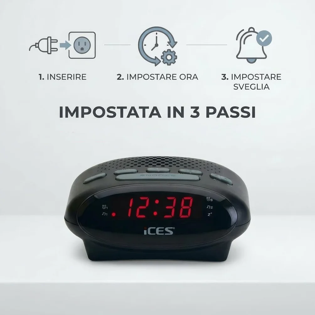 Ices ICR-210 Nero Radiosveglia FM PLL Design Moderno